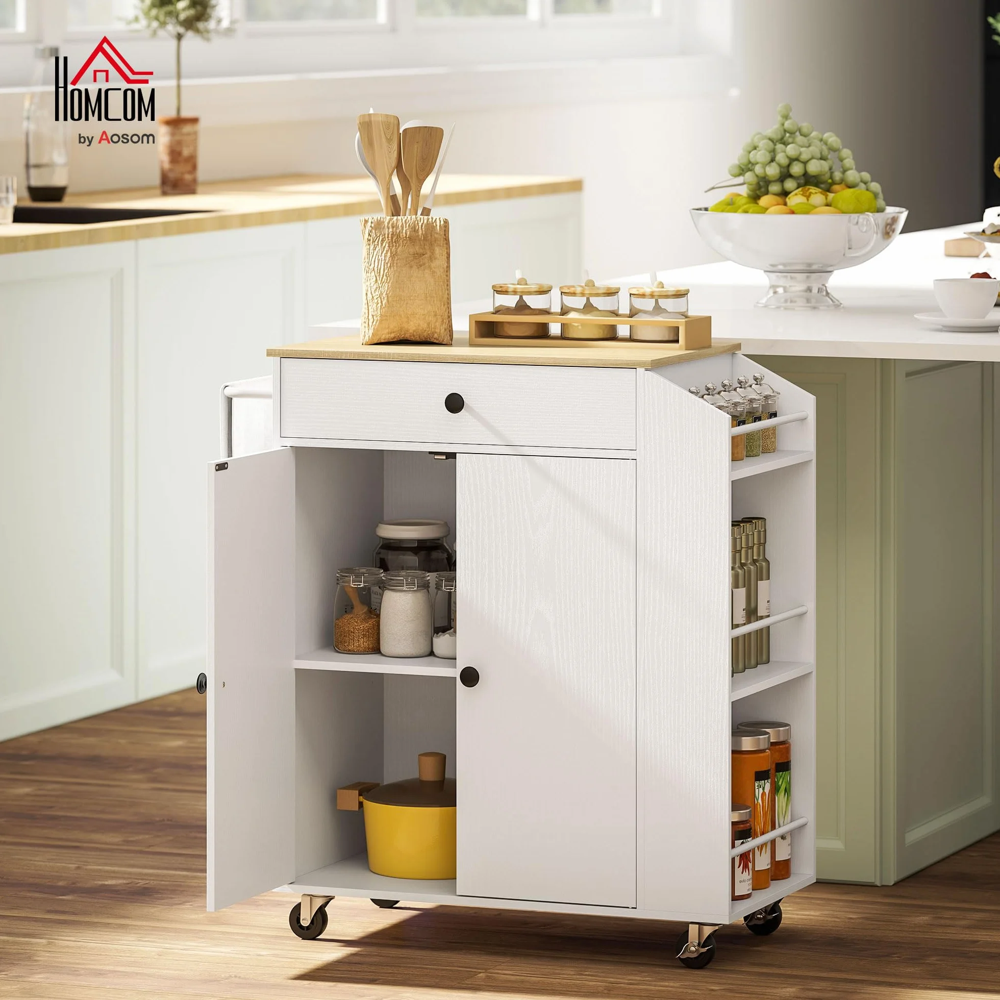 HOMCOM Isla de Cocina con Ruedas Carrito de Cocina Mueble Auxiliar de Cocina con 2 Puertas Cajón Especiero de 3 Niveles Toallero y Estante Ajustable 82x38x86,5 cm Blanco