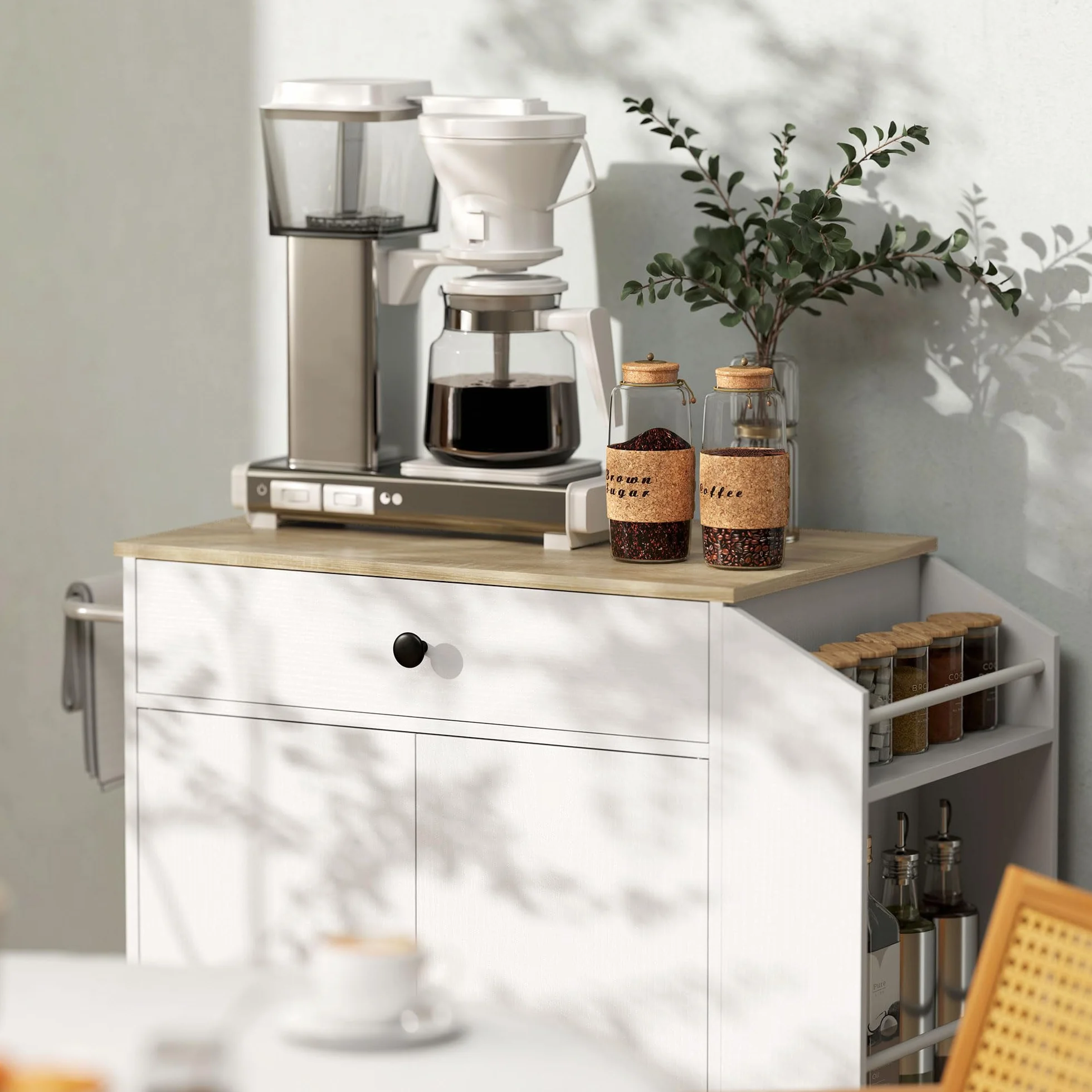 HOMCOM Isla de Cocina con Ruedas Carrito de Cocina Mueble Auxiliar de Cocina con 2 Puertas Cajón Especiero de 3 Niveles Toallero y Estante Ajustable 82x38x86,5 cm Blanco