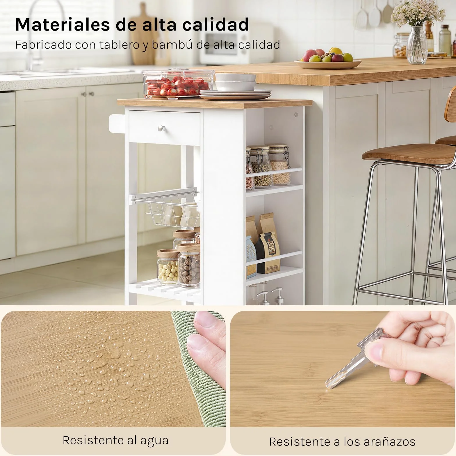 WOLTU Carrito Cocina con Ruedas, Carro Servicio con Cajón, Cesta, Estante Abierto, Botellero y Estantería Lateral en 3 Niveles, Isla de Cocina Multifuncional, MDF+Metal, Color Bambú + Blanco