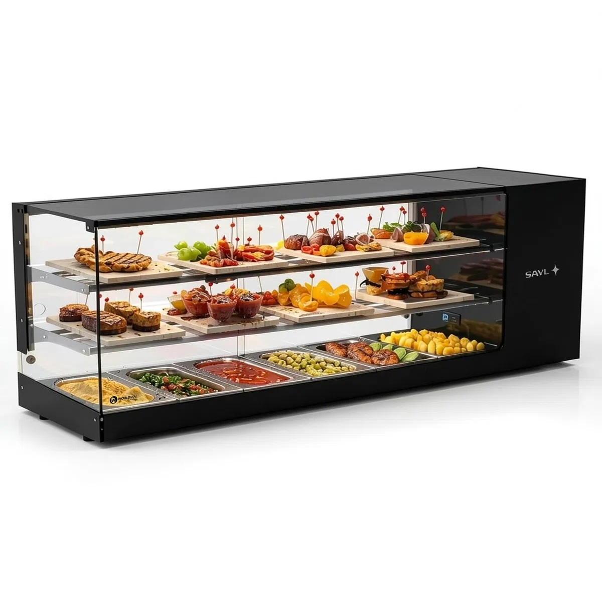 Vitrina de Tapas Logic WORLDMAI x SAYL, 132 x 38 cm, 3 Pisos y 6 cubetas GN 1/3 para hostelería. Vitrina expositora refrigerada Profesional de sobremesa con iluminación LED, para Bar y Restaurante.