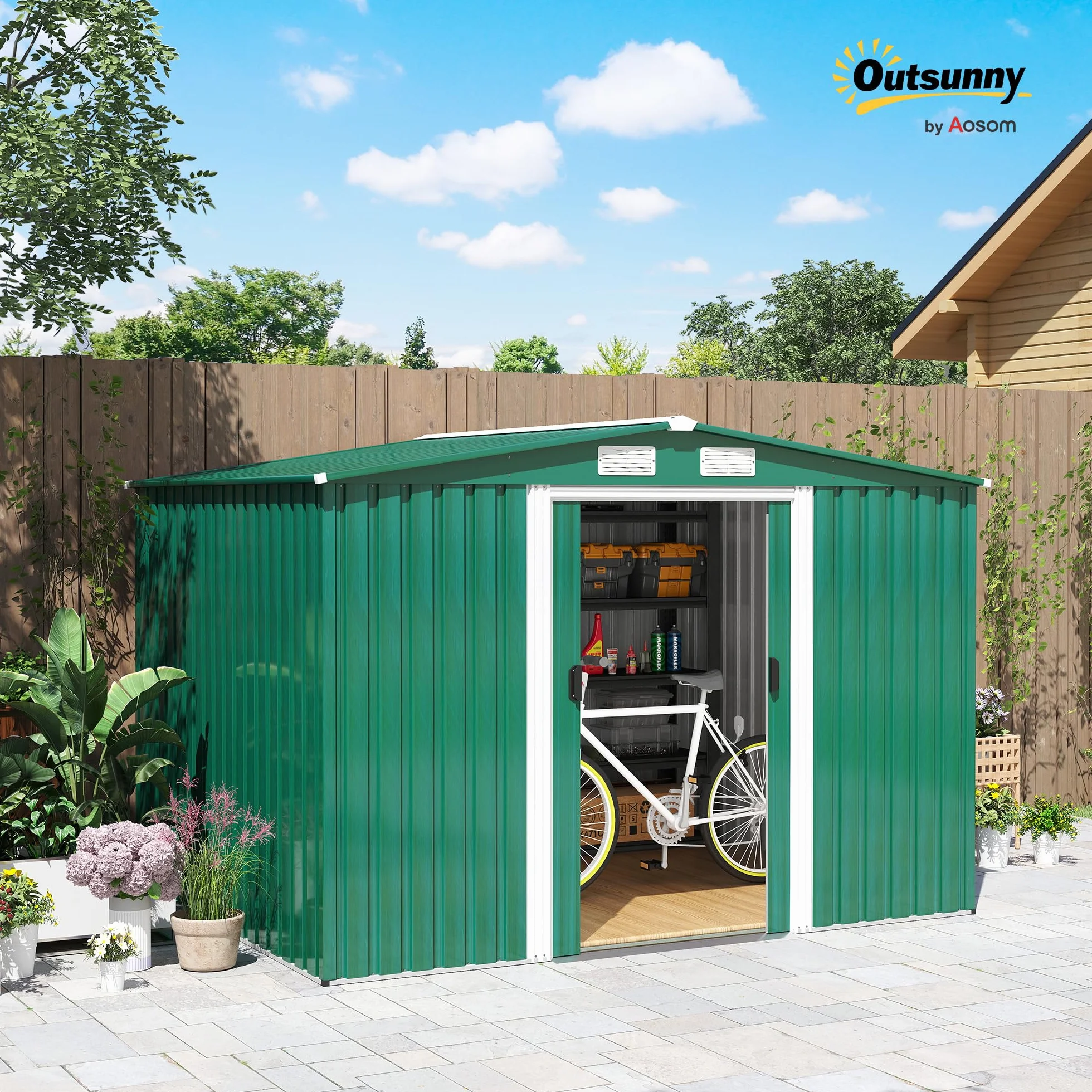 Outsunny Caseta de Jardín Exterior 258x206x178 cm 5,3m² Cobertizo con Puertas Correderas