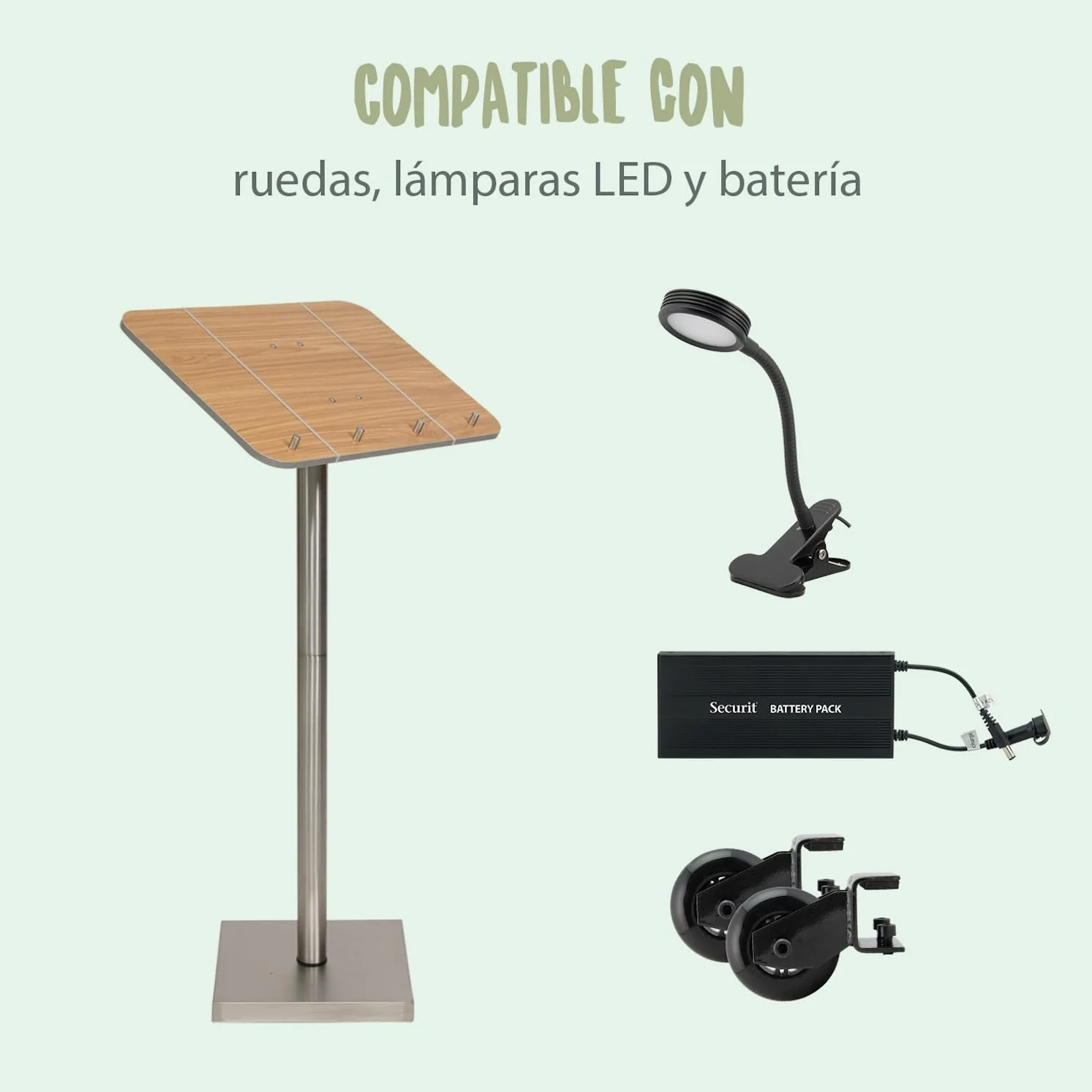 SECURIT - Porta Folleto con Poste y Base - Acero Inoxidable + Panel de Madera Laminada - Bandas Elásticas y Soportes Integrados - Restaurante, Cafetería, Bar - 113,7 x 54,2 x 36,7 cm