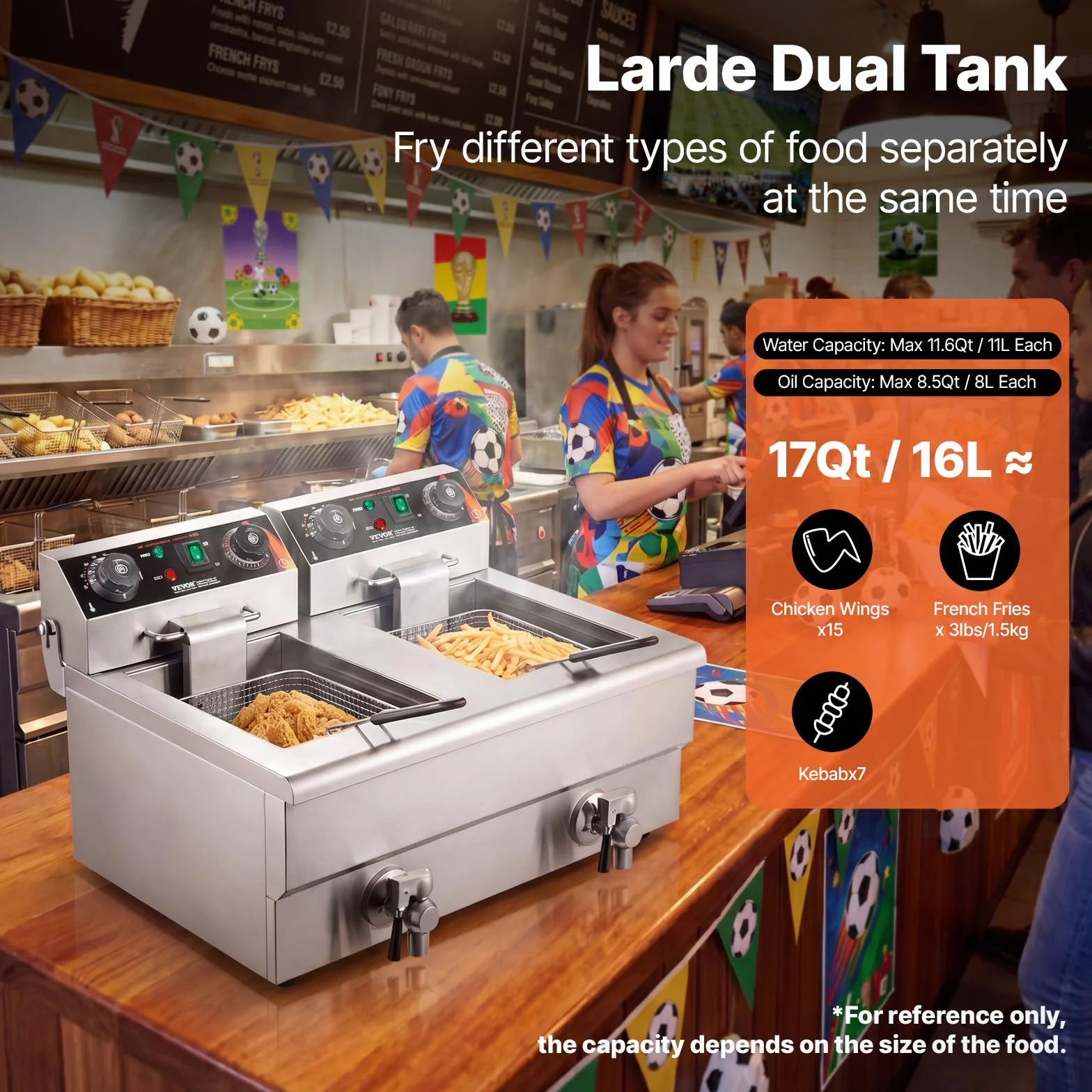 VEVOR Freidora Eléctrica Comercial 3000 W 2 Tanques 2 x 11 L, Freidora de Aceite de Acero Inoxidable con 2 Cestas para Freír Temperatura y Tiempo Ajustables, para Aros de Cebolla, Patatas Fritas