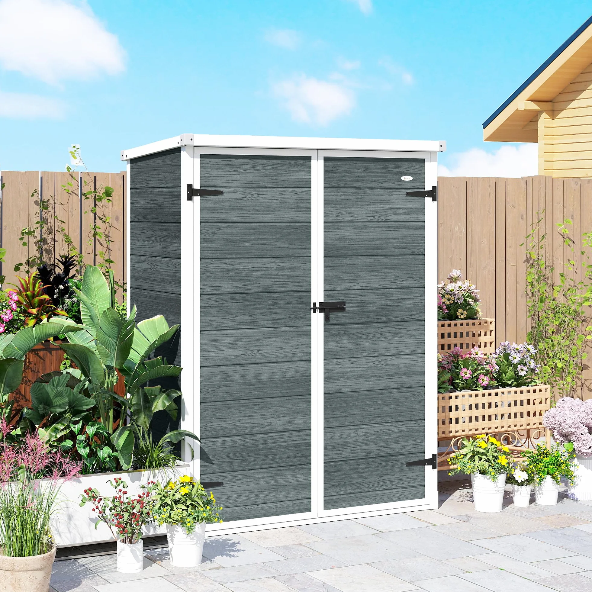 Outsunny Cobertizo de Jardín Exterior 0,81 m² Plástico y Aluminio 2 Estantes Plegables Puertas Dobles Gris