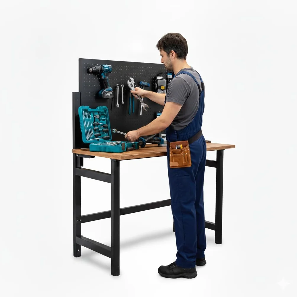 Kompact Banco de Trabajo Plegable de Pared con Altura Regulable, Mesa de Trabajo con Panel Perforado y Ganchos