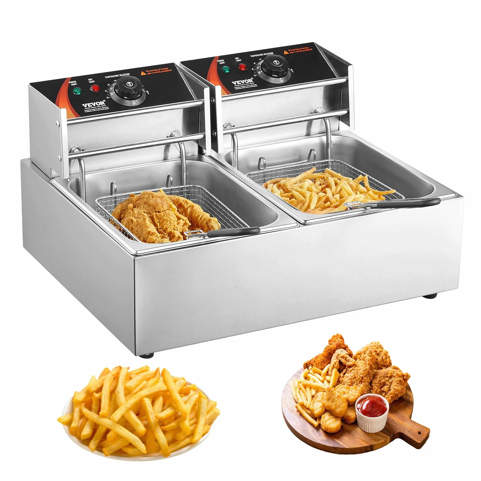 VEVOR Freidora Eléctrica Comercial 2 Tanques 12L 5000W Acero Inoxidable con 2 Cestas Temperatura Ajustable 50-200°C
