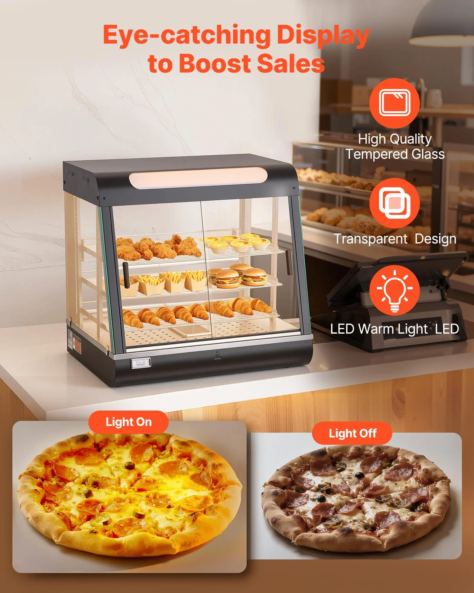 VEVOR Vitrina de Calor para Hostelería 1200 W 100 L 3 Niveles con Luz LED, Estantes Extraíbles 30-85°C