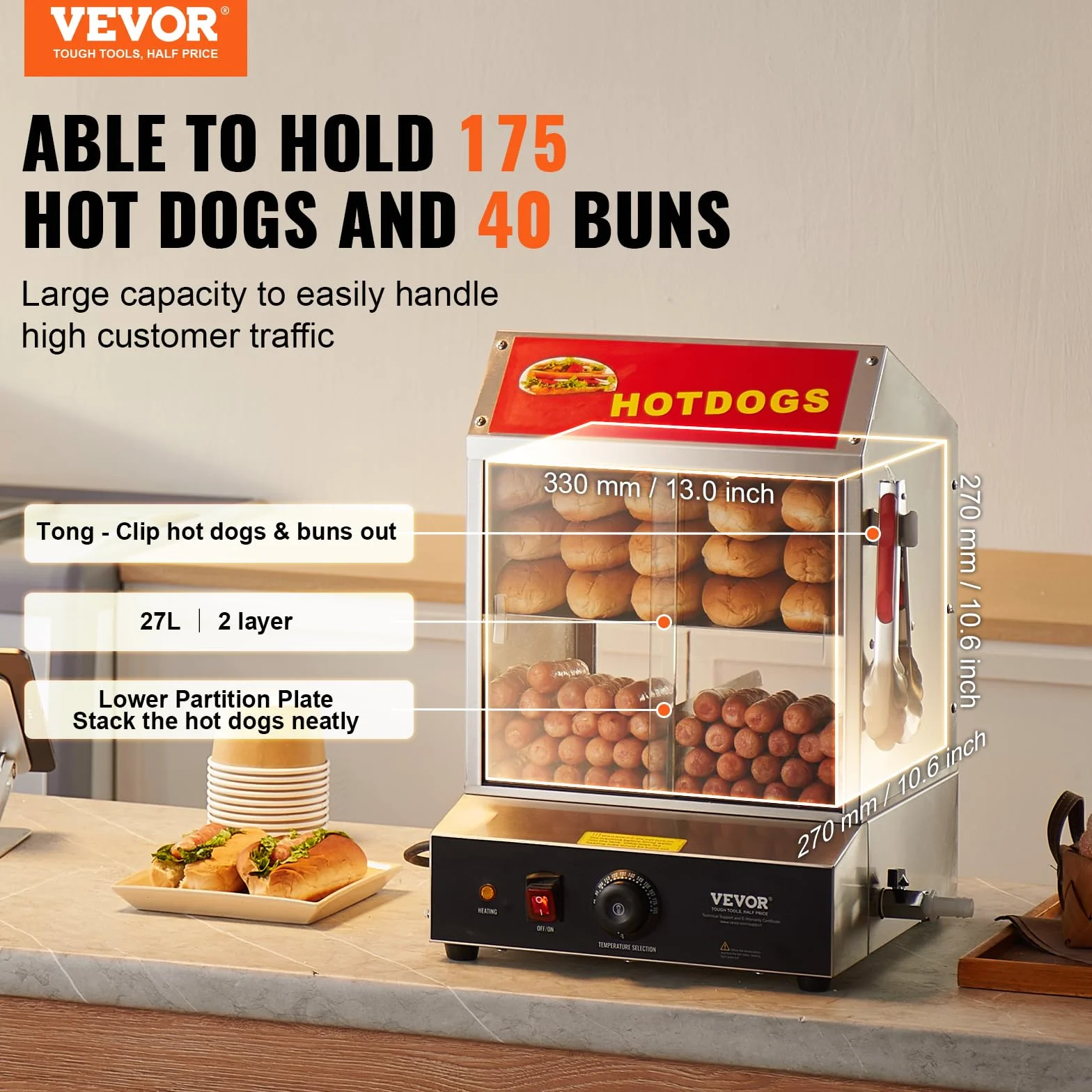 VEVOR Vaporera para Perritos Calientes 27 L 2 Niveles Control de Temperatura 30-85 ℃ Acero Inoxidable 345x380x510 mm