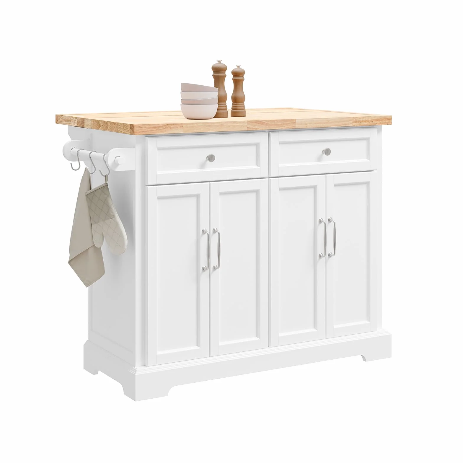 SoBuy Isla Cocina con Ruedas Carrito de Cocina con encimera Extensible Isla de Cocina móvil con Mesa Auxiliar de Cocina con Ruedas Blanco 115x92x(46-71) cm FKW71-III-WN