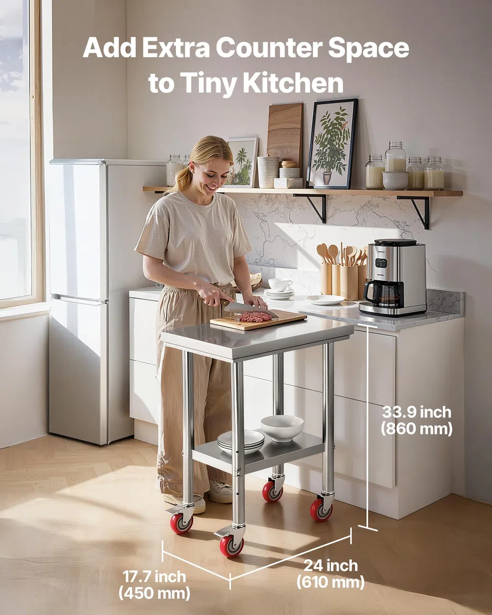VEVOR Mesa de Trabajo de Acero Inoxidable, Mesa de Preparación con 4 Ruedas, Estantería de Trabajo de Preparación de Alimentos con Estantes Ajustables para Cocina, Garaje, Taller, 61 x 45 x 86 cm