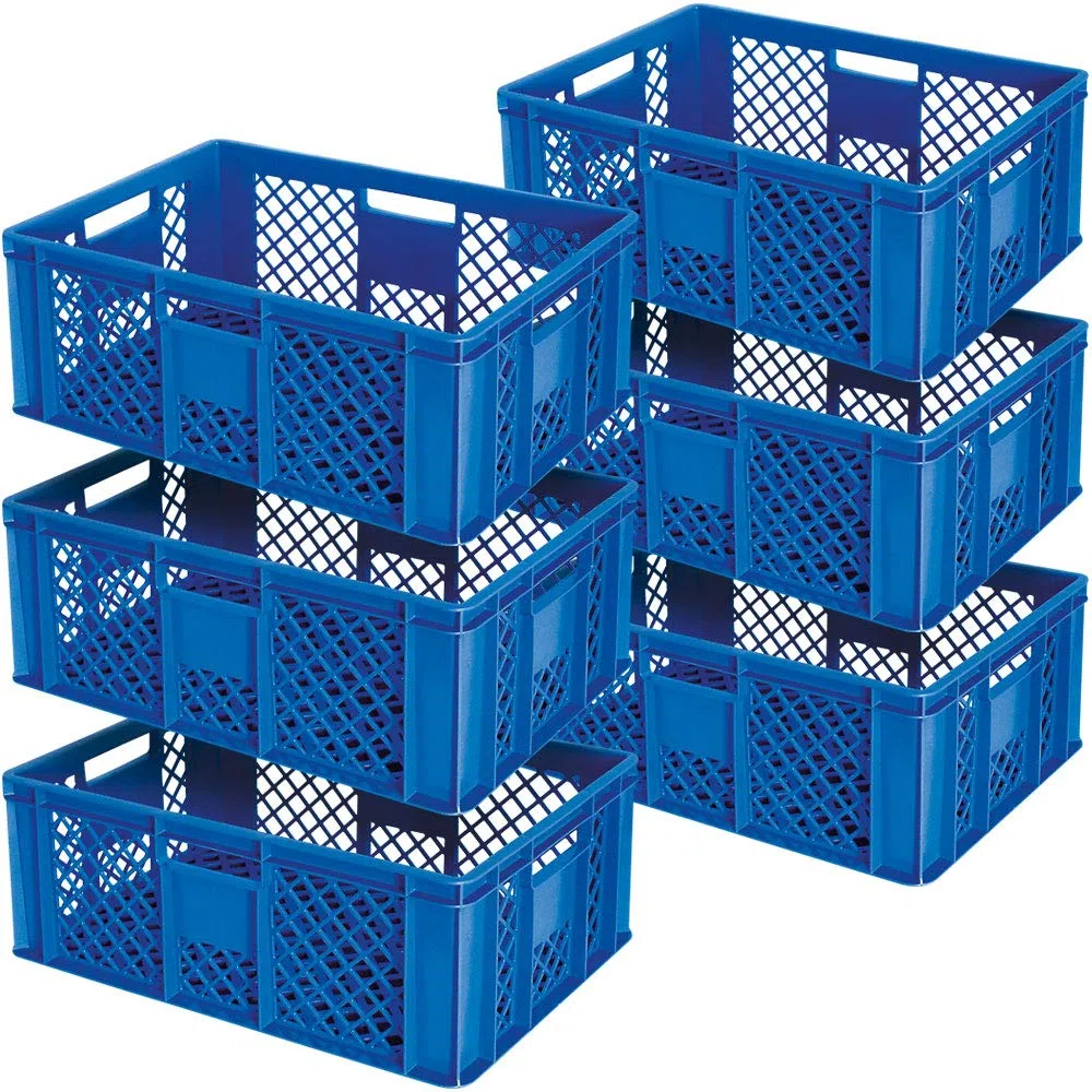 Juego de 6 cestas perforadas y apilables, calidad industrial, aptas para alimentos, 600 x 400 x 240 mm, color azul
