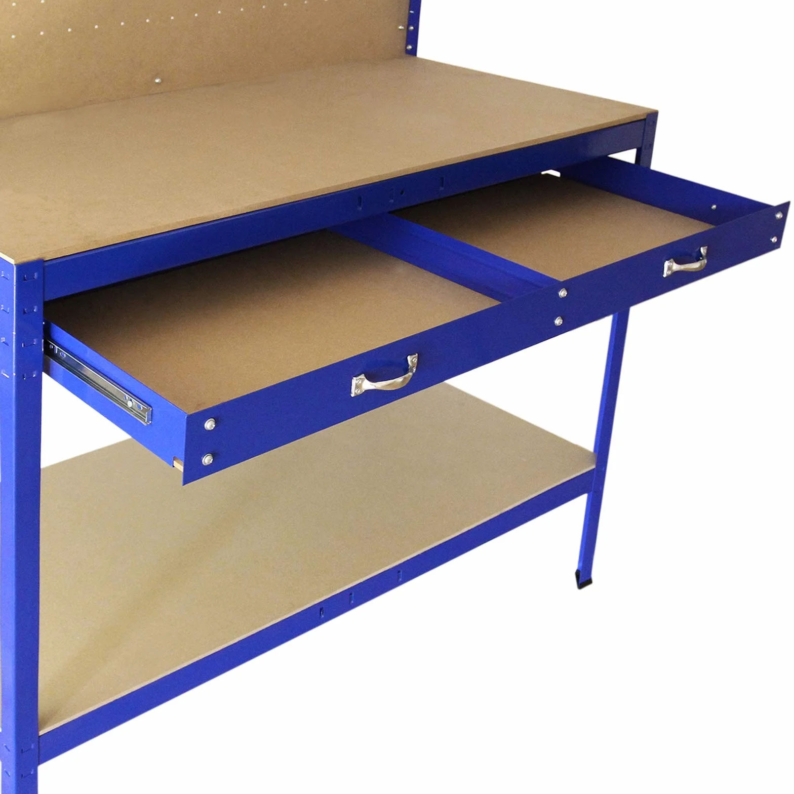 Mesa de Trabajo Metálica 155x120x60cm Banco de Trabajo Azul con Tablero de Clavijas y Cajón Capacidad 200kg Almacenamiento Herramientas Taller Garaje