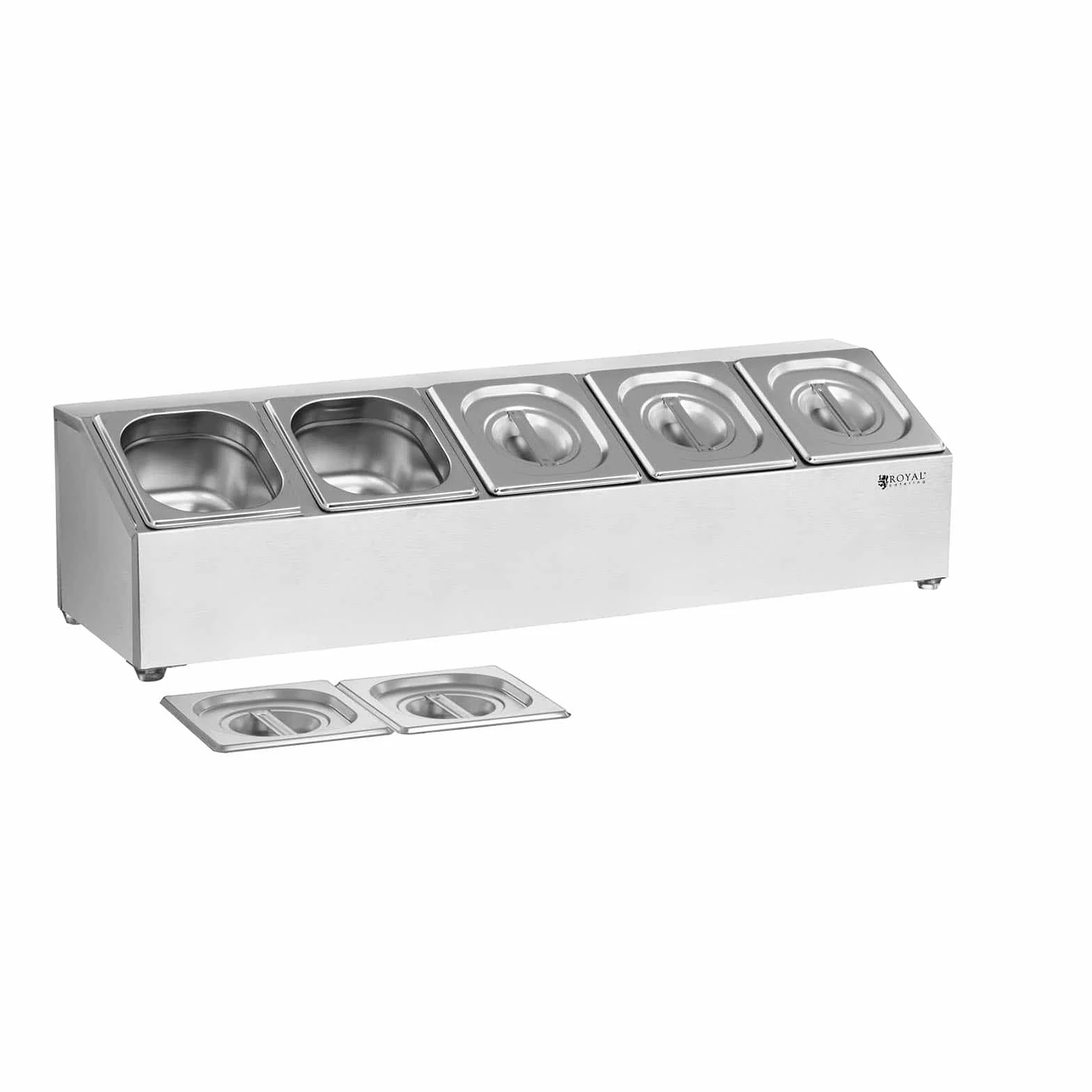 Royal Catering Soporte Para Cubetas RCPN 5 (Acero inoxidable, Componentes extraíbles aptos para lavavajillas, Incluye 5 envases GN 1/6, Con 5 tapaderas)
