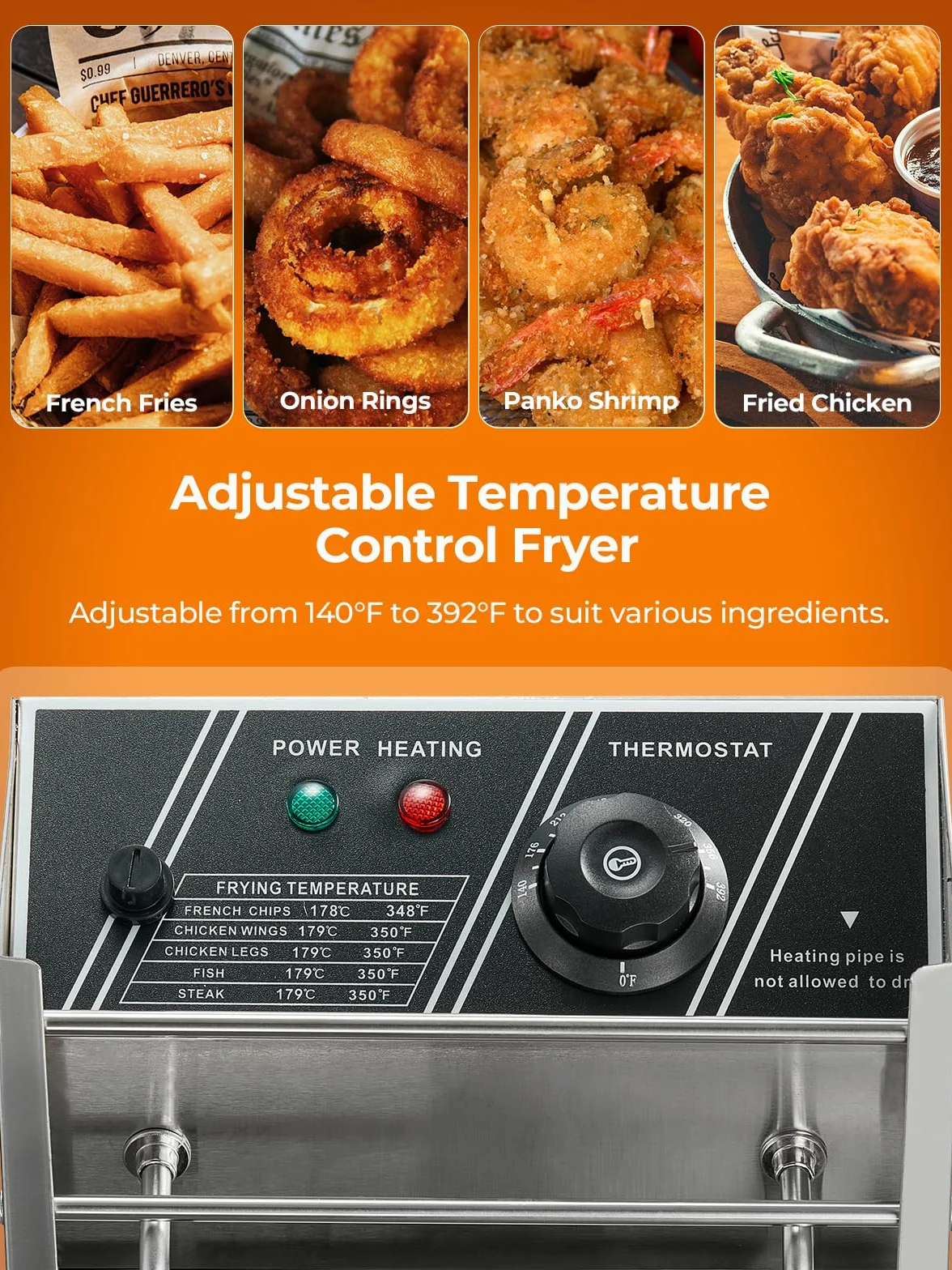 FOHERE Freidoras Aceite de 21.6L, Freidora Industriales Doble de Acero Inoxidable de 3400W con Cesta y Tapa, Temperatura Ajustable de 60-200°C, para Cocina, Restaurante, Fácil de Limpiar