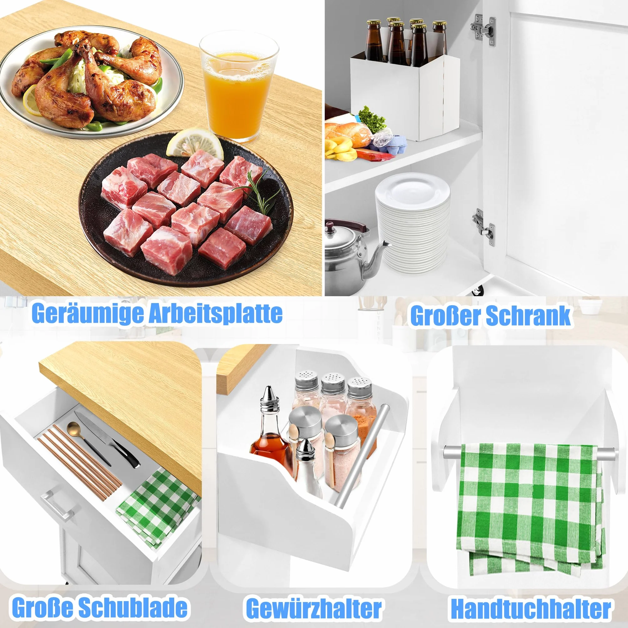 UISEBRT Carro de cocina con encimera, isla de cocina de madera, armario de cocina con ruedas, carrito de servicio con cajón y estante, carrito de cocina en estilo rústico, color blanco