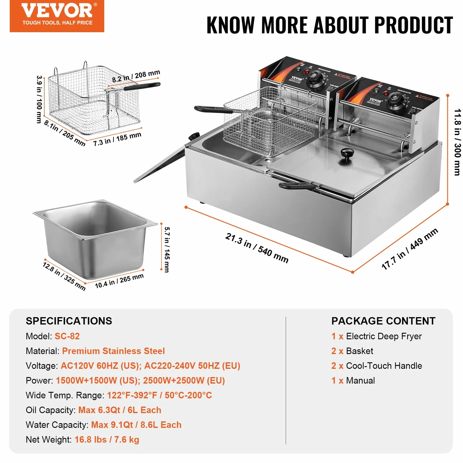 VEVOR Freidora Eléctrica Comercial 2 Tanques 12L 5000W Acero Inoxidable con 2 Cestas Temperatura Ajustable 50-200°C