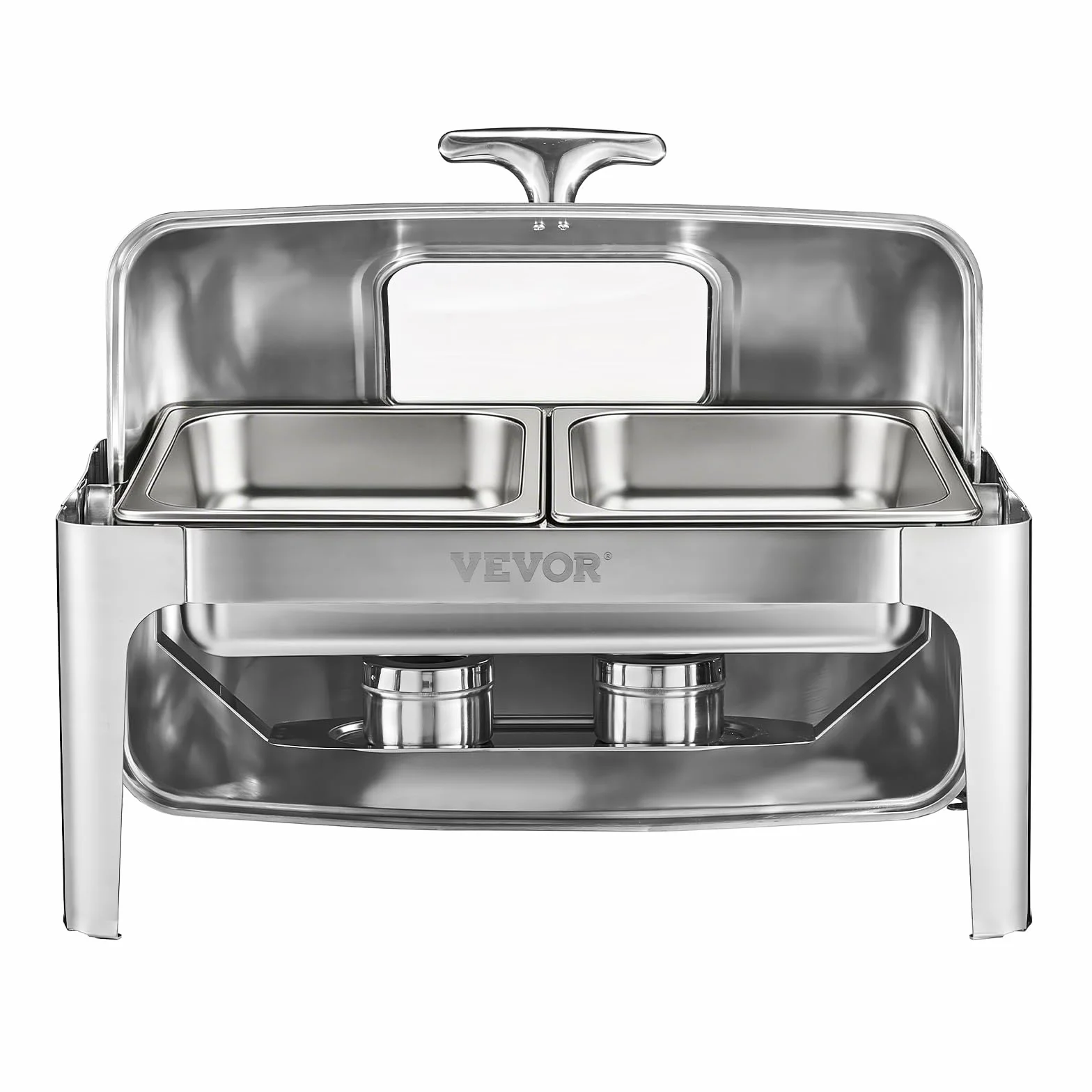 VEVOR Juego de Calentador de Alimentos de Acero Inoxidable con 2 Cacerolas de Tamaño Medio(3,9 L), Rectangular, Tapa Visible y Soporte para Bandeja de Agua y Depósito de Combustible, Plata, 1 ud
