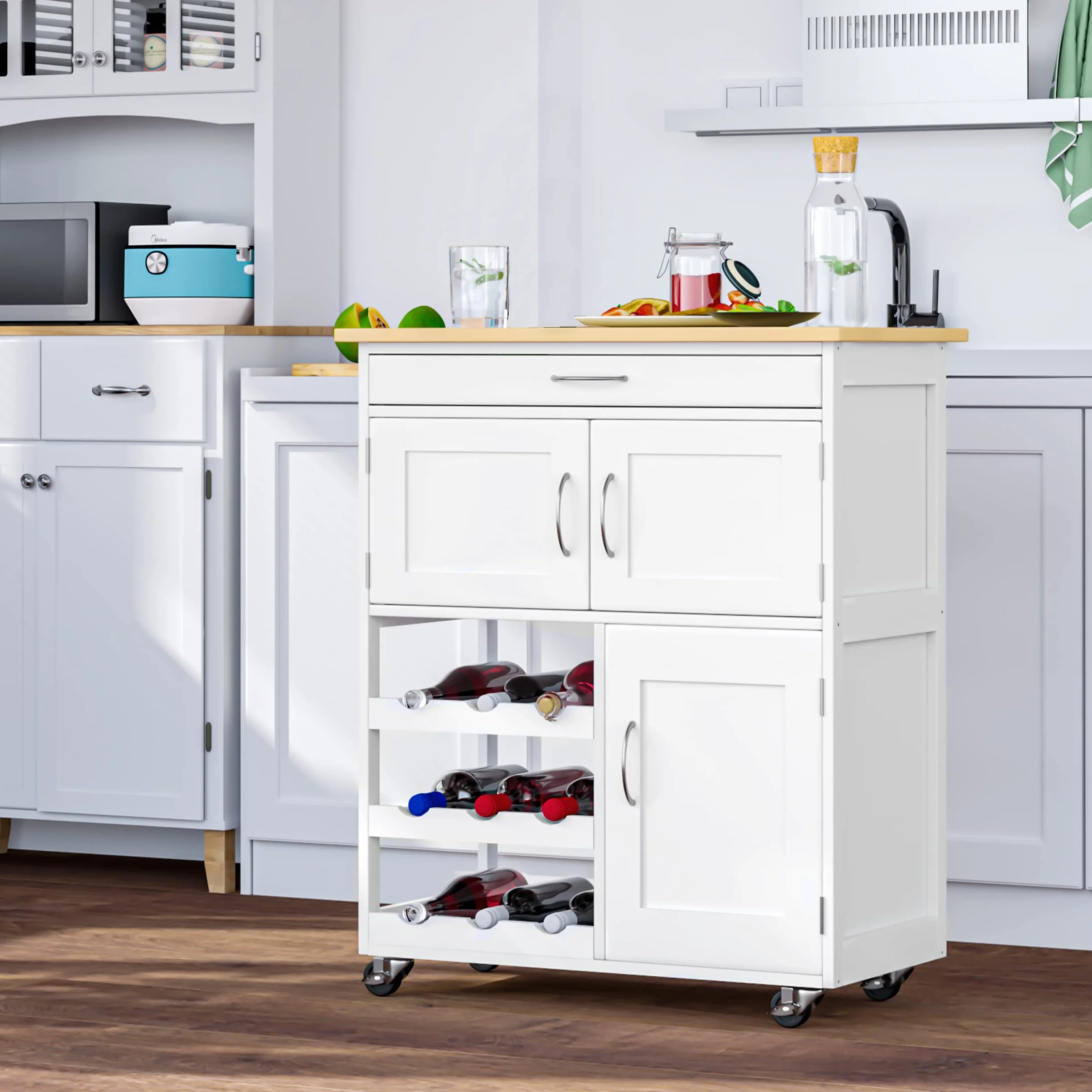 HOMCOM Carro de Cocina Carrito Auxiliar con Ruedas Cajón 2 Armarios de Almacenaje y 3 Estantes Abiertos de 9 Botellas para Comedor Restaurante 67x37x87 cm Blanco