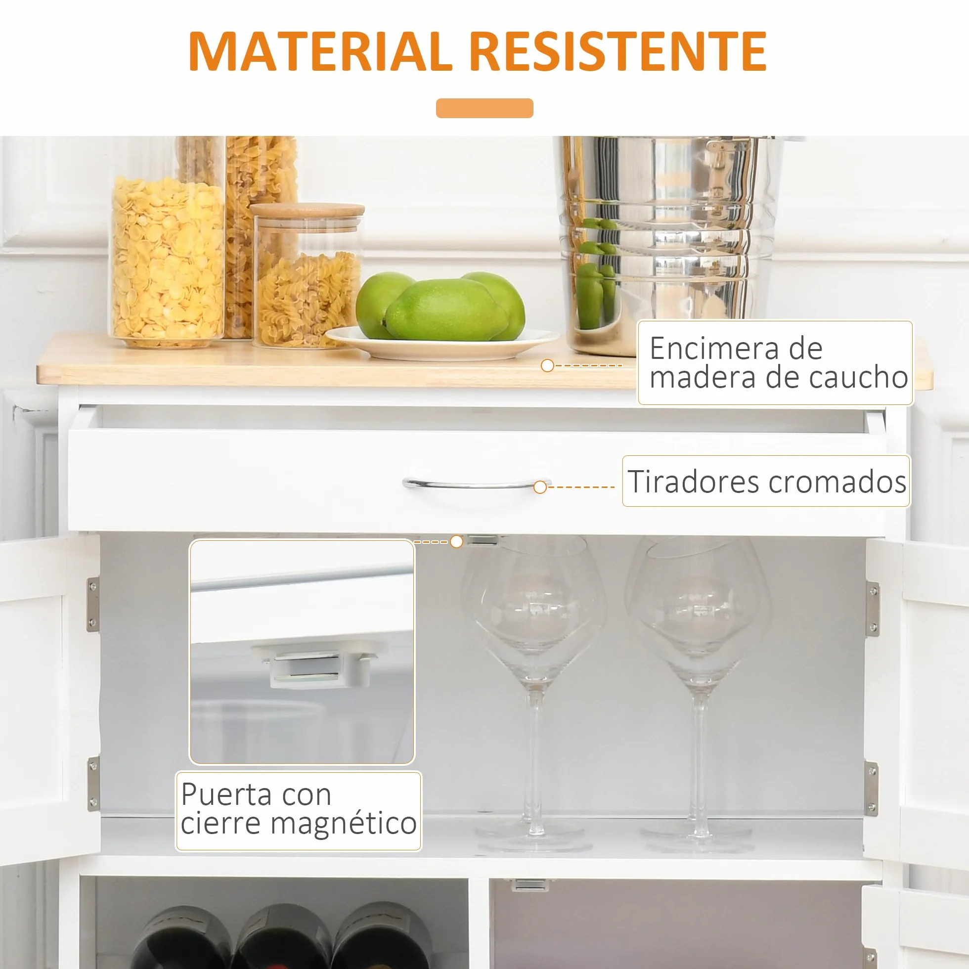HOMCOM Carro de Cocina Carrito Auxiliar con Ruedas Cajón 2 Armarios de Almacenaje y 3 Estantes Abiertos de 9 Botellas para Comedor Restaurante 67x37x87 cm Blanco