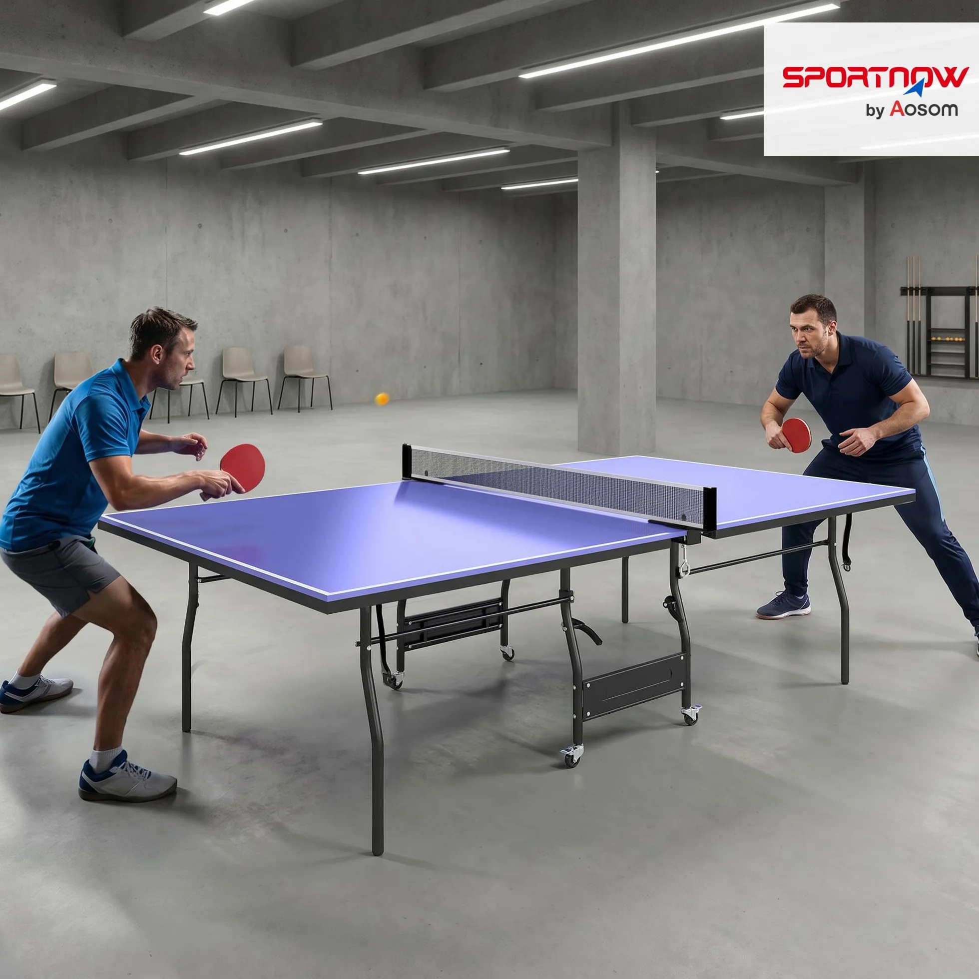 SPORTNOW Mesa de Ping-Pong Plegable Tamaño Estándar con 4 Ruedas, Red, 2 Paletas y 3 Pelotas 274x152,5x76 cm Azul