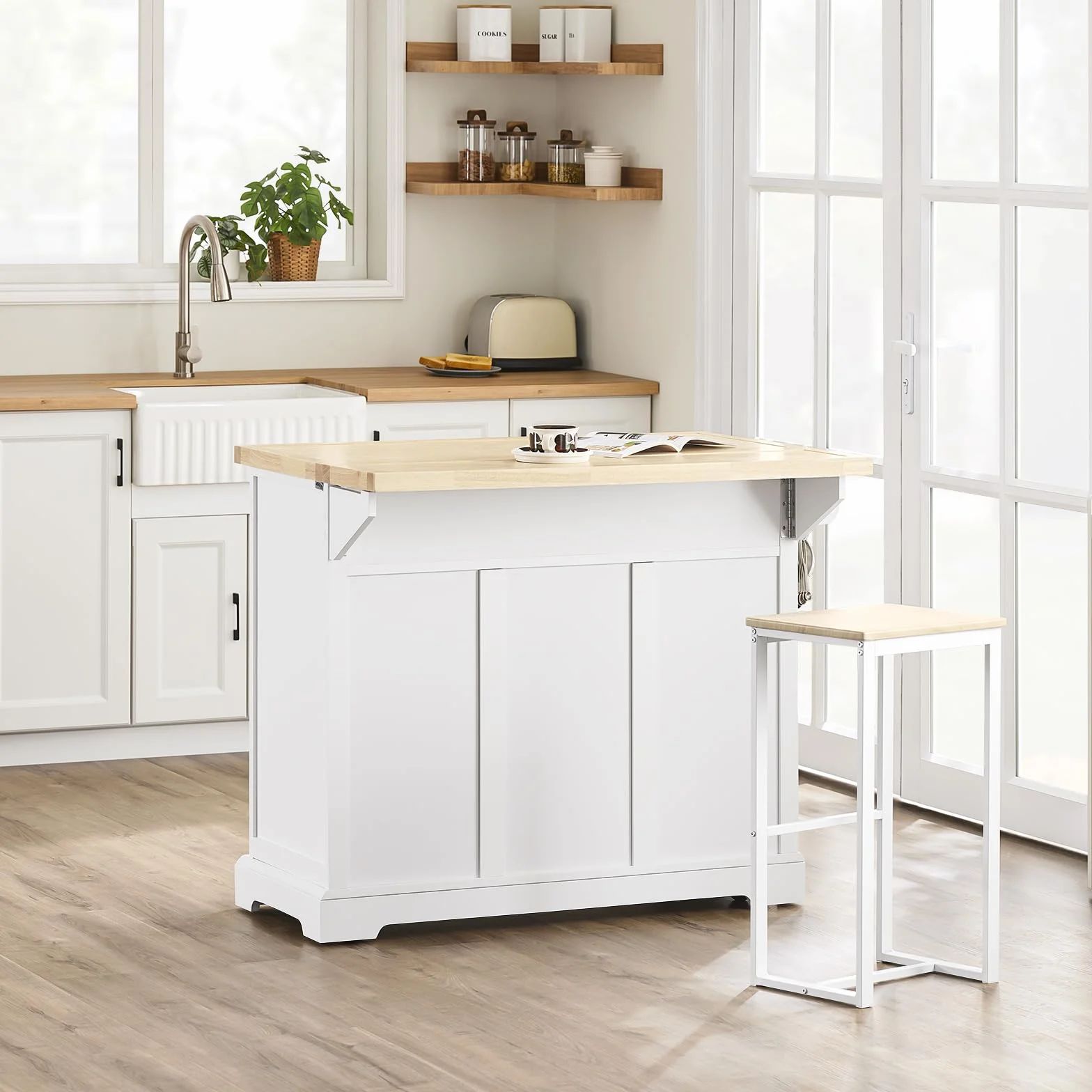 SoBuy Isla Cocina con Ruedas Carrito de Cocina con encimera Extensible Isla de Cocina móvil con Mesa Auxiliar de Cocina con Ruedas Blanco 115x92x(46-71) cm FKW71-III-WN