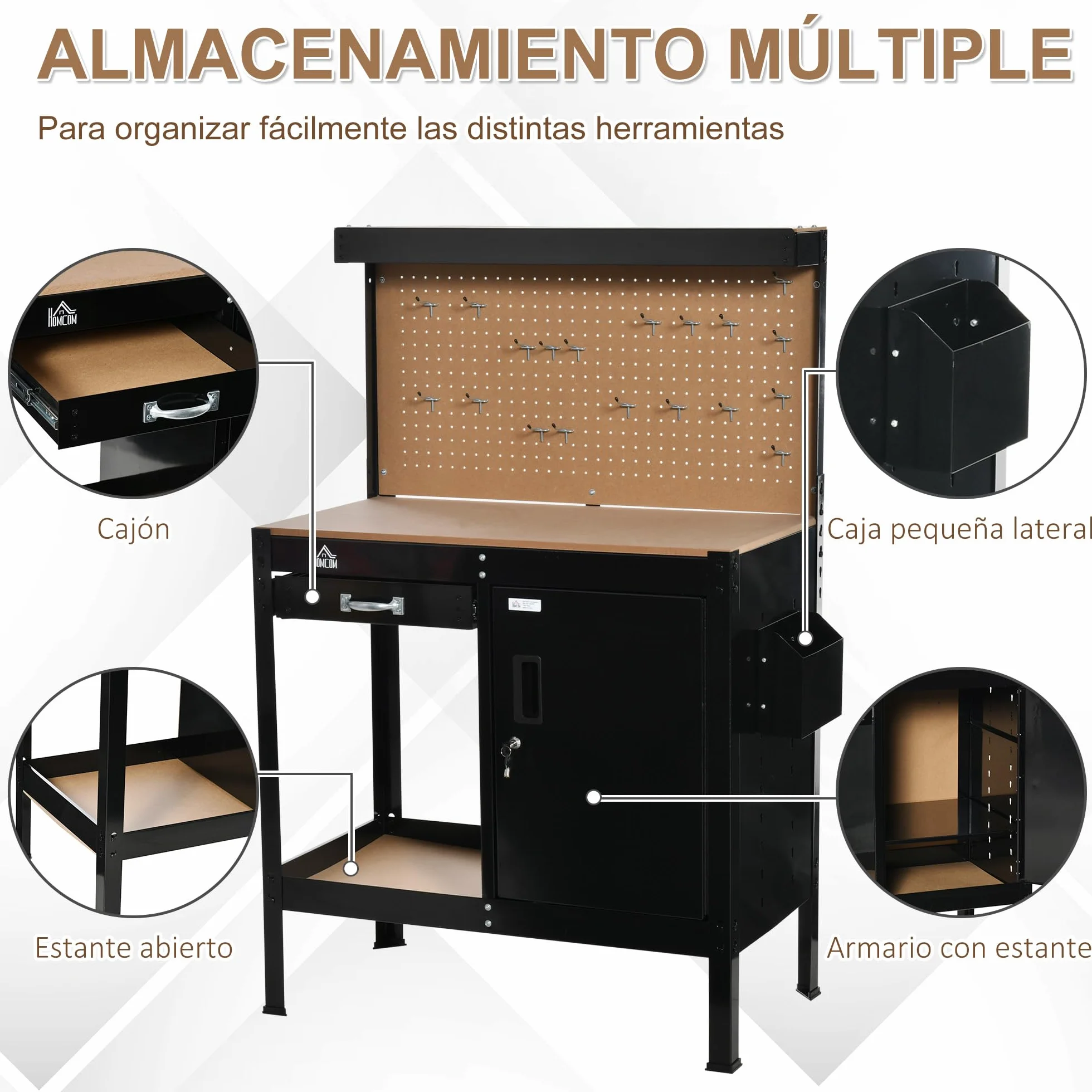 HOMCOM Banco de Trabajo 98,5x48x140 cm Carga 100 kg Mesa con Panel Perforado Negro