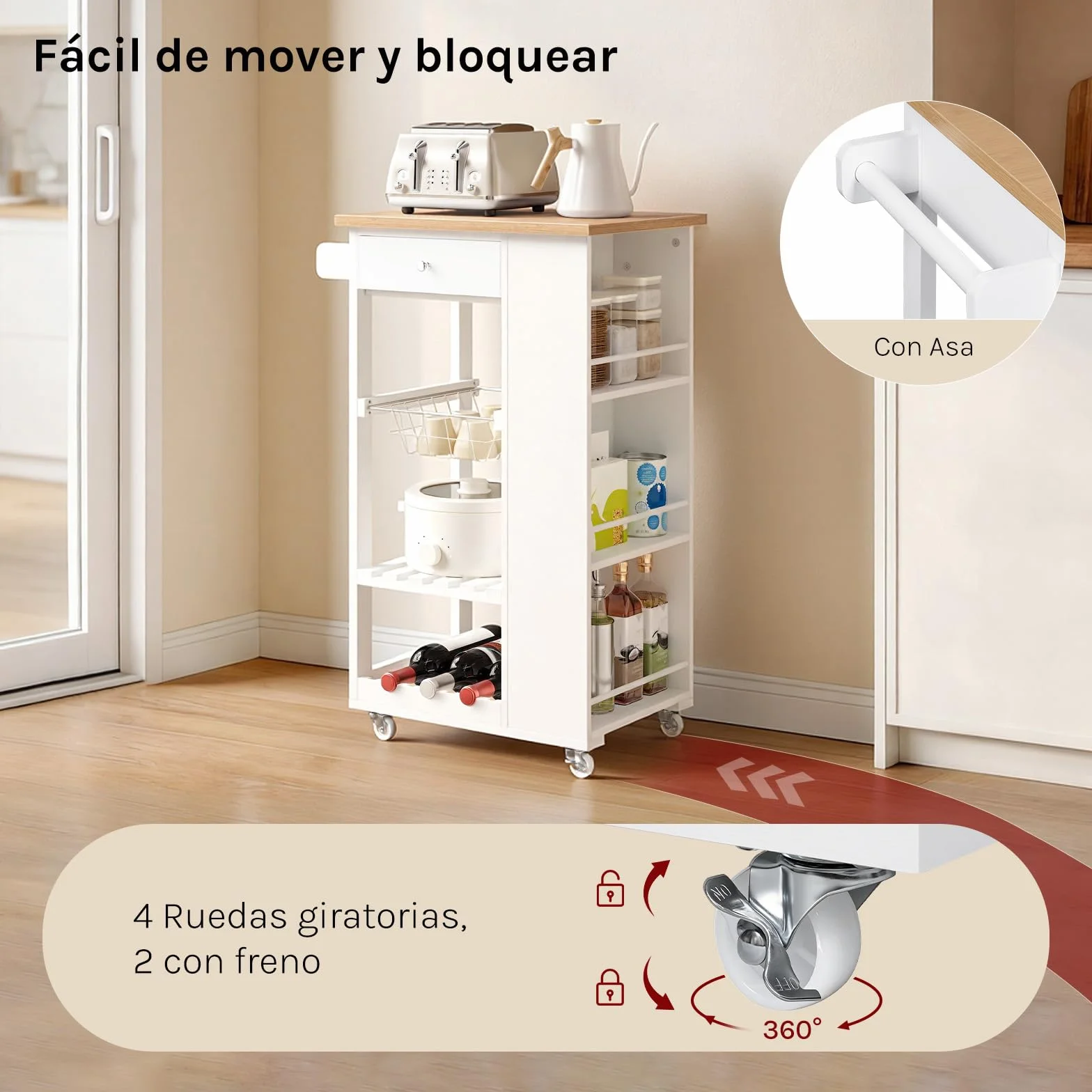 WOLTU Carrito Cocina con Ruedas, Carro Servicio con Cajón, Cesta, Estante Abierto, Botellero y Estantería Lateral en 3 Niveles, Isla de Cocina Multifuncional, MDF+Metal, Color Bambú + Blanco