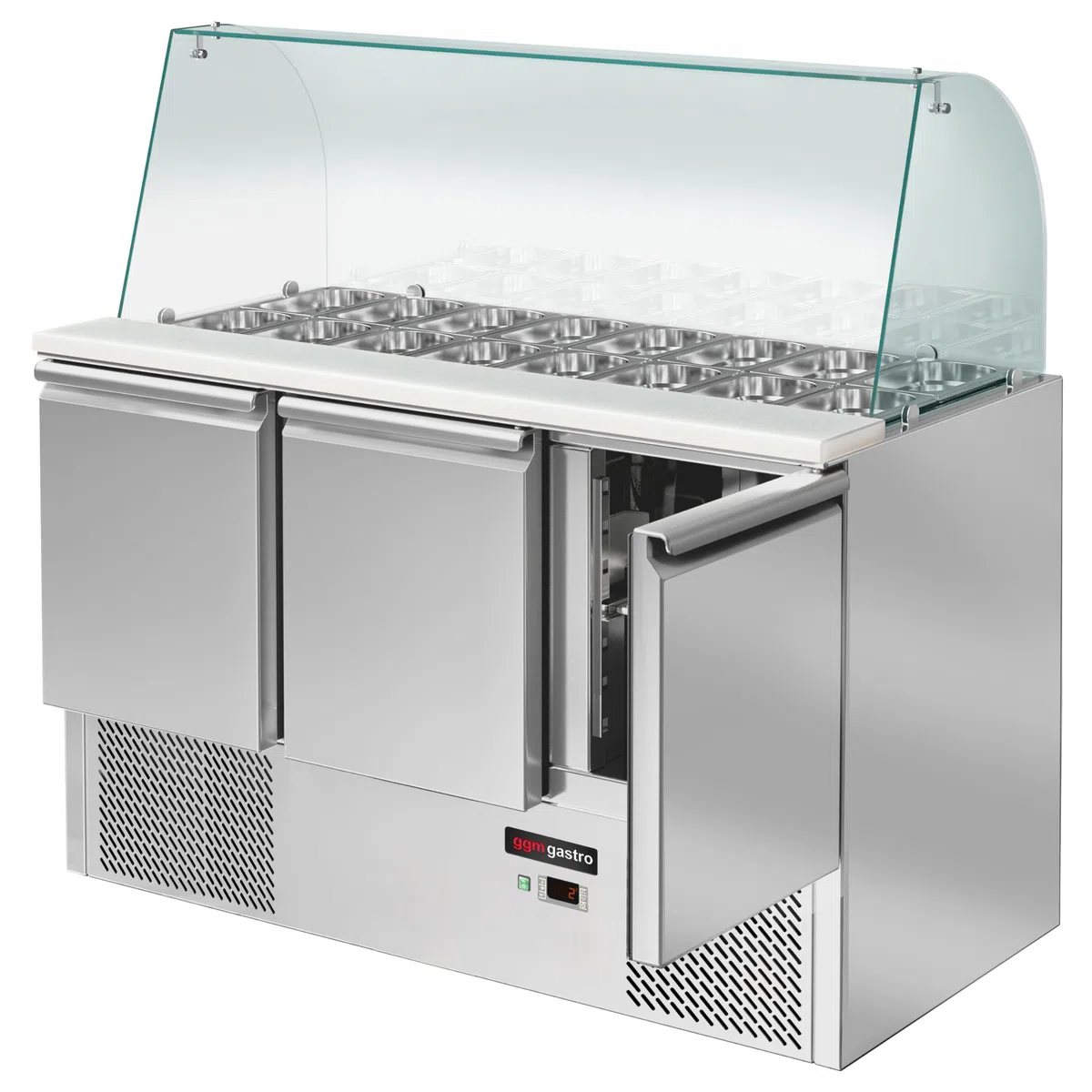 GGM Gastro Saladette ECO - 3 Puertas - 260 Litros - Parte Superior de Vidrio Alto - 4x GN 1/1 - Acero Inoxidable - Aislamiento de Poliuretano de 4 cm - Termostato - SAG147DRG#GSG147#07