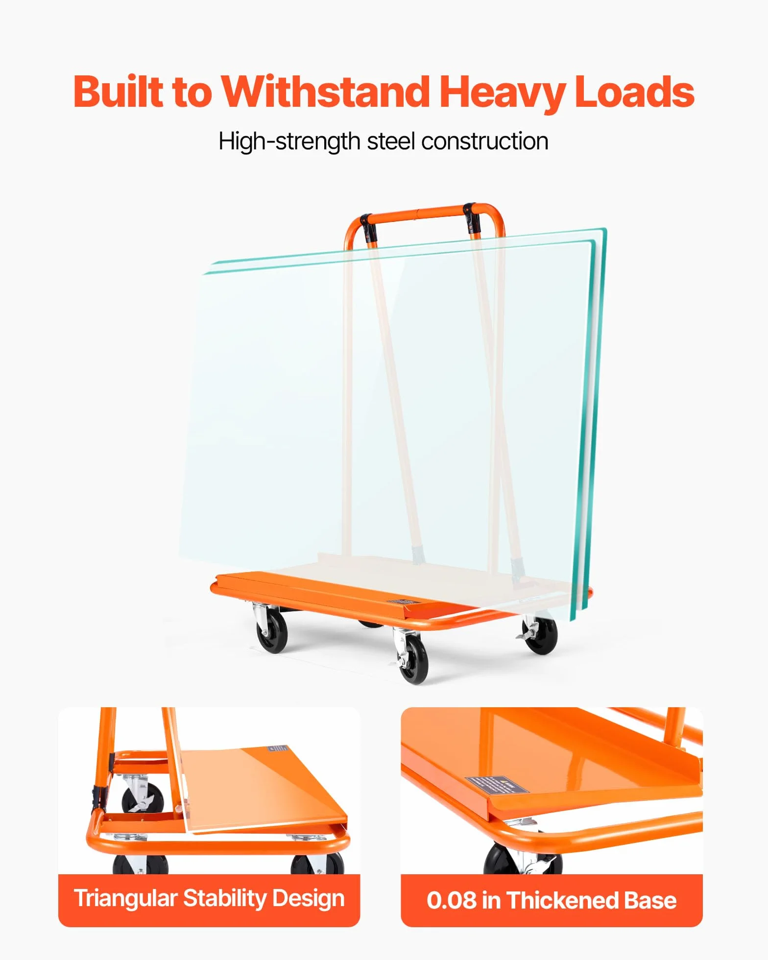 VEVOR Carro para Paneles 816 kg 4 Ruedas Giratorias Correa de Tensión 1150 x 555 x 1180 mm Naranja