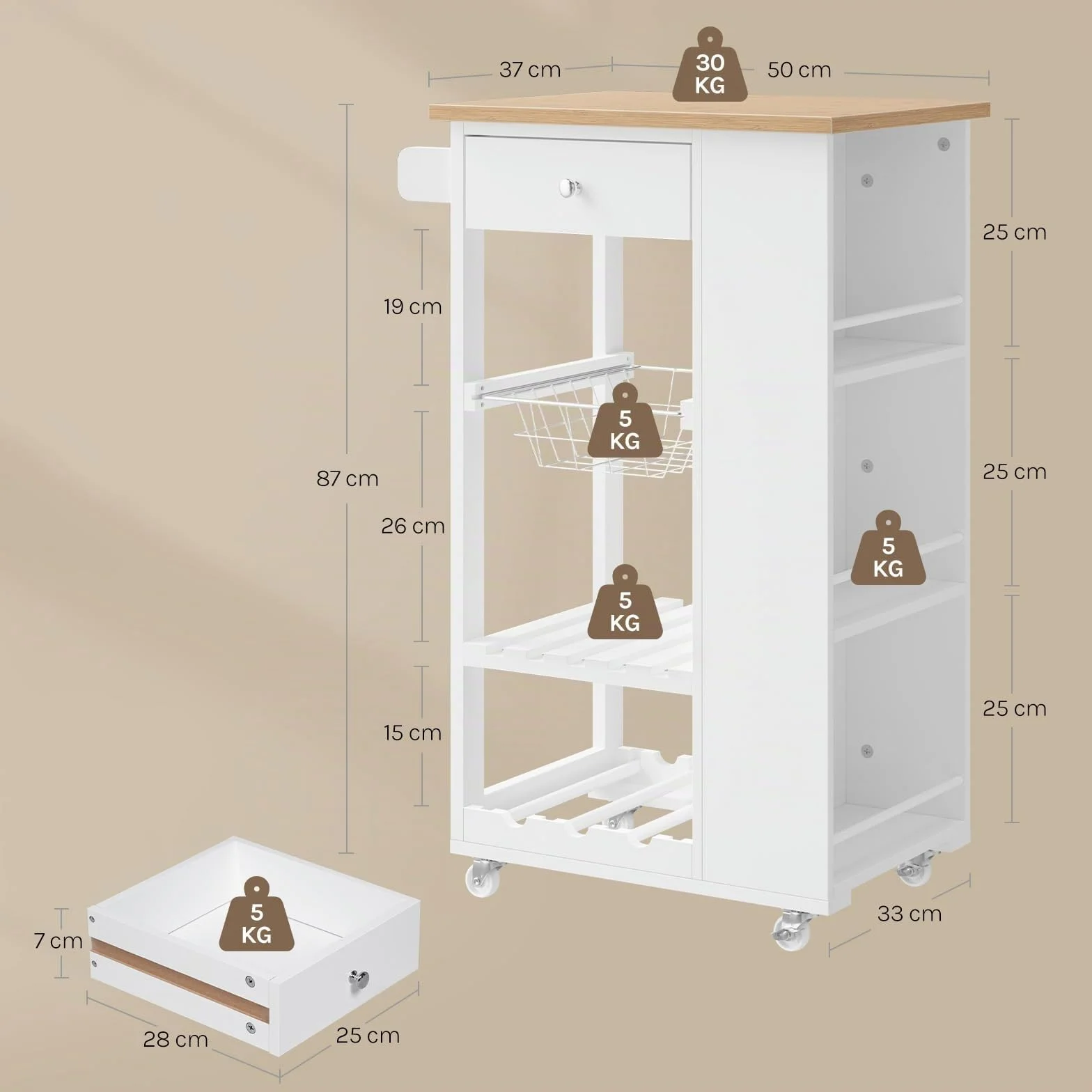 WOLTU Carrito Cocina con Ruedas, Carro Servicio con Cajón, Cesta, Estante Abierto, Botellero y Estantería Lateral en 3 Niveles, Isla de Cocina Multifuncional, MDF+Metal, Color Bambú + Blanco