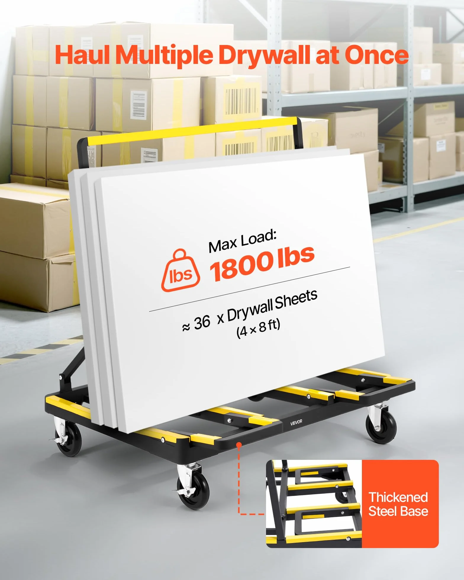 VEVOR Carro Transportador de Paneles de Yeso, 816,5 kg, Ruedas Giratorias, Base Extensible, 1000 x 830 x 1100 mm