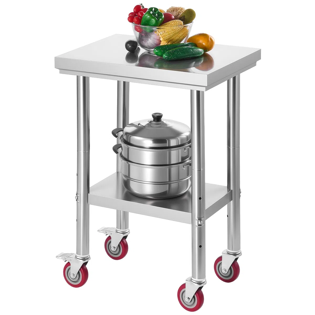 VEVOR Mesa de Trabajo de Acero Inoxidable, Mesa de Preparación con 4 Ruedas, Estantería de Trabajo de Preparación de Alimentos con Estantes Ajustables para Cocina, Garaje, Taller, 61 x 45 x 86 cm