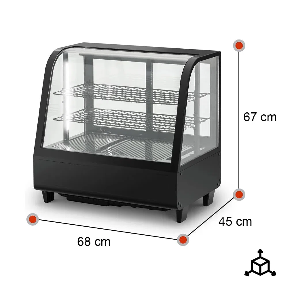 Vitrina Pastelera Expositora Refrigerada 2 Estantes con 2 Puertas Correderas Negra 100 Litros Ventilada | Vitrina Sobremesa Cristal Curvado