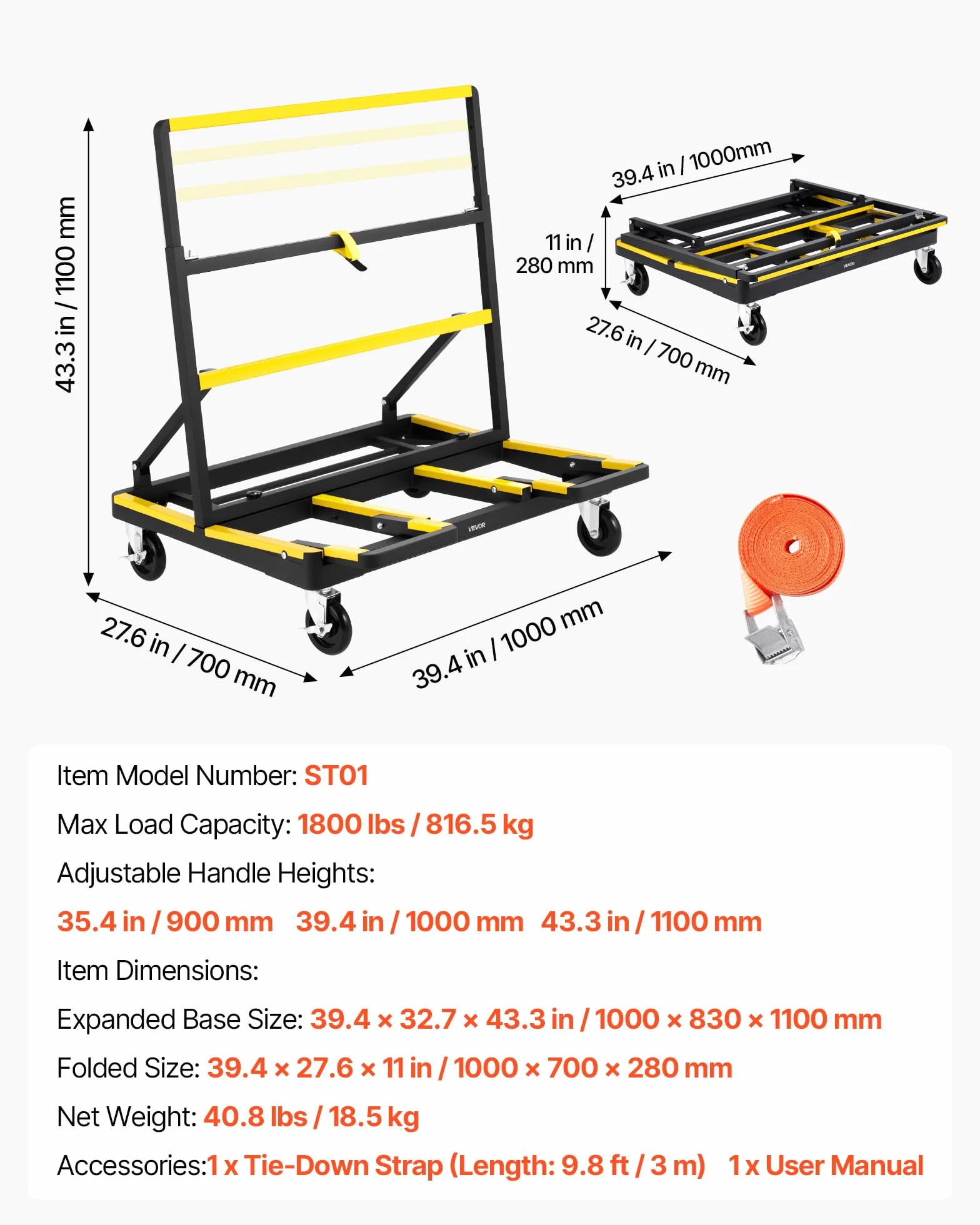 VEVOR Carro Transportador de Paneles de Yeso, 816,5 kg, Ruedas Giratorias, Base Extensible, 1000 x 830 x 1100 mm