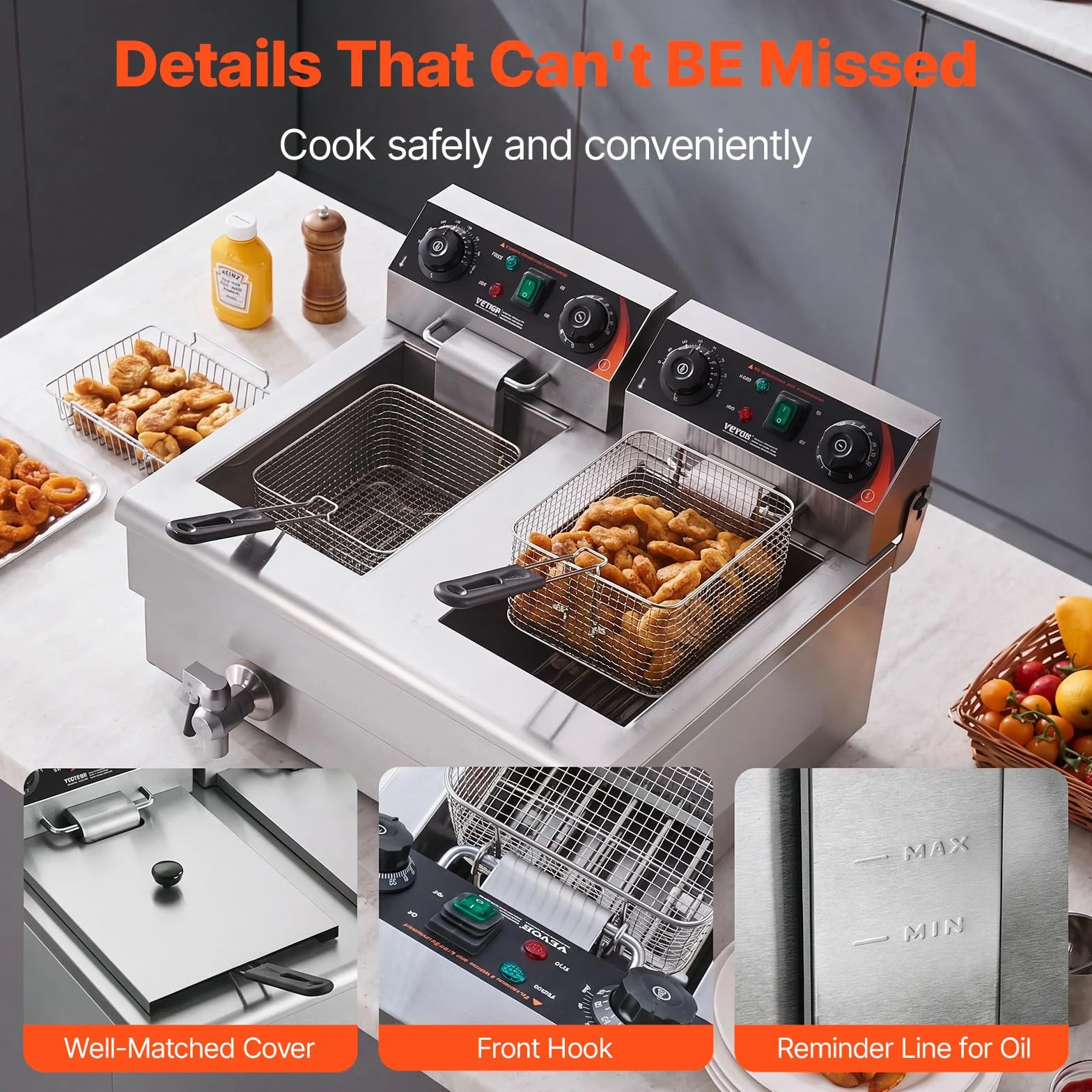 VEVOR Freidora Eléctrica Comercial 3000 W 2 Tanques 2 x 11 L, Freidora de Aceite de Acero Inoxidable con 2 Cestas para Freír Temperatura y Tiempo Ajustables, para Aros de Cebolla, Patatas Fritas