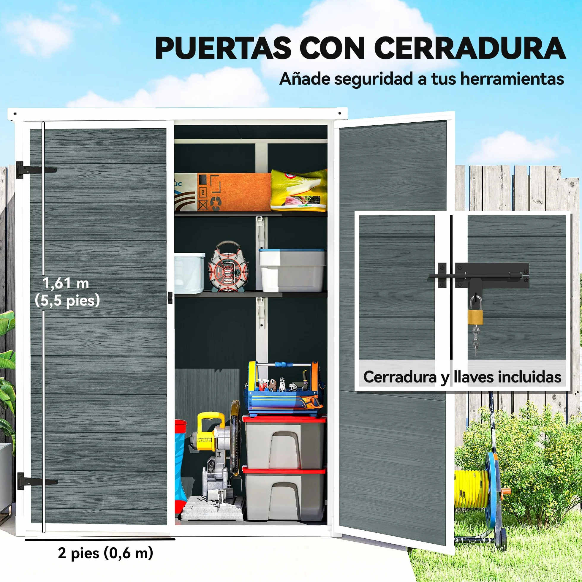Outsunny Cobertizo de Jardín Exterior 0,81 m² Plástico y Aluminio 2 Estantes Plegables Puertas Dobles Gris