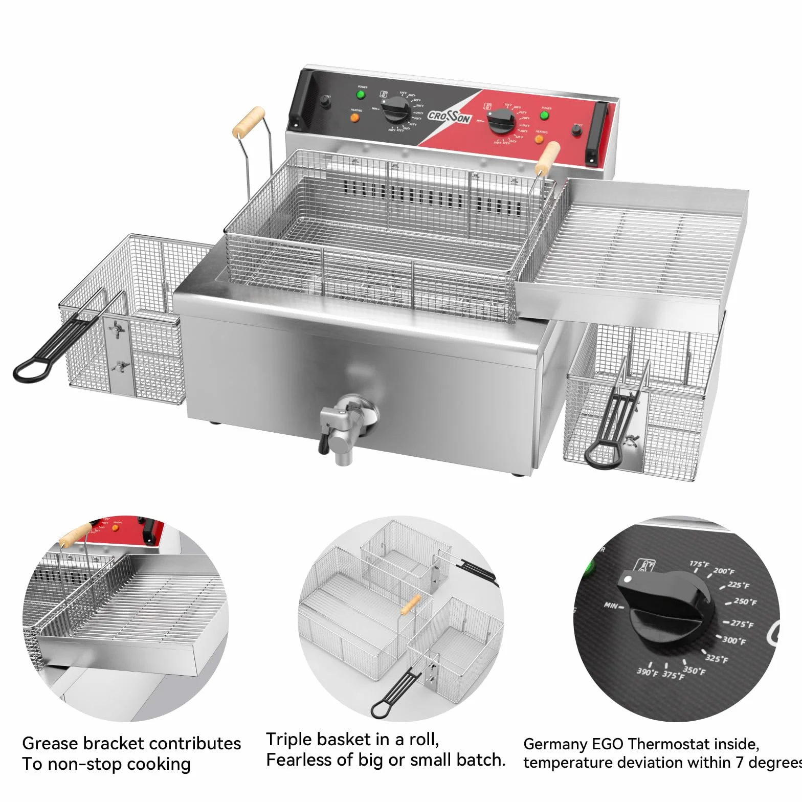 Freidora eléctrica CROSSON 12L de tres canastas con boquilla de aceite, rejilla de drenaje de aceite, freidora comercial de donuts para freír un pez o un pollo entero