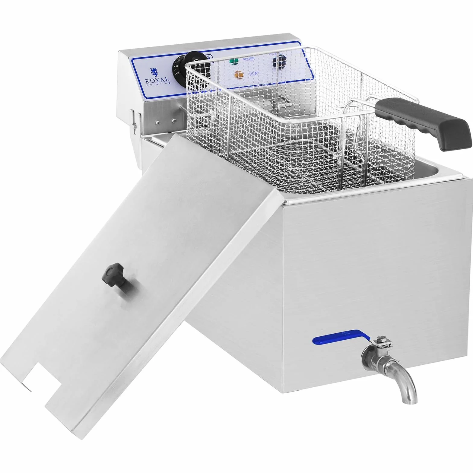 Royal Catering Freidora Electrica Profesional RCEF 15E (17 L, 3.000 W, Termostato, Rango de temperatura 60-200 °C, Grifo de vaciado, Acero inoxidable)