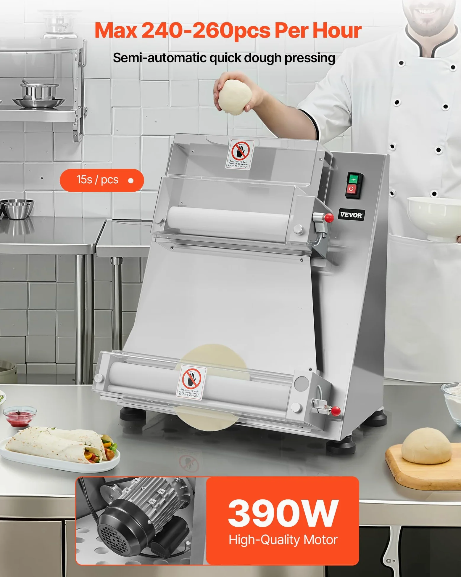 VEVOR Rodillo Laminador de Masa para Pizza, Prensa Semiautomática de Acero Inoxidable 7,6 a 40,6 cm, 390 W, 260 Piezas por Hora, Grosor Ajustable, con Tapa para Prensar Masa, 530 x 520 x 640 mm