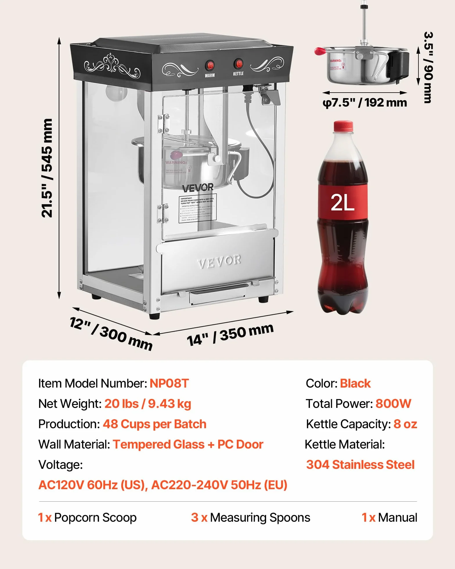 VEVOR Máquina de Palomitas Acero Inoxidable 800 W 48 Tazas Estilo Cine Negro