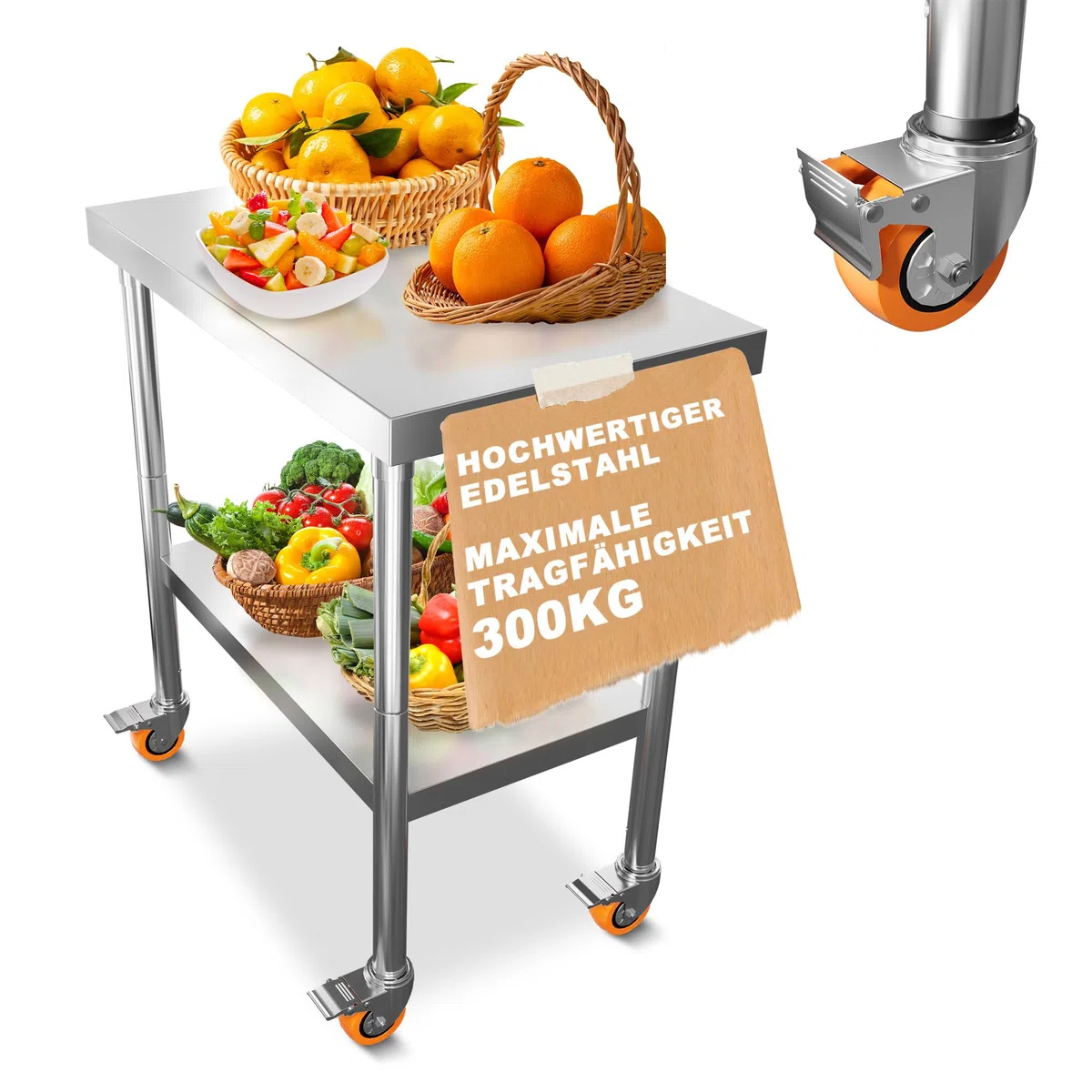 UISEBRT Mesa de trabajo de acero inoxidable, 4 ruedas giratorias con frenos, mesa de cocina con patas de altura ajustable, mesa de desmontaje, capacidad de carga de 300 kg, para cocina, bar