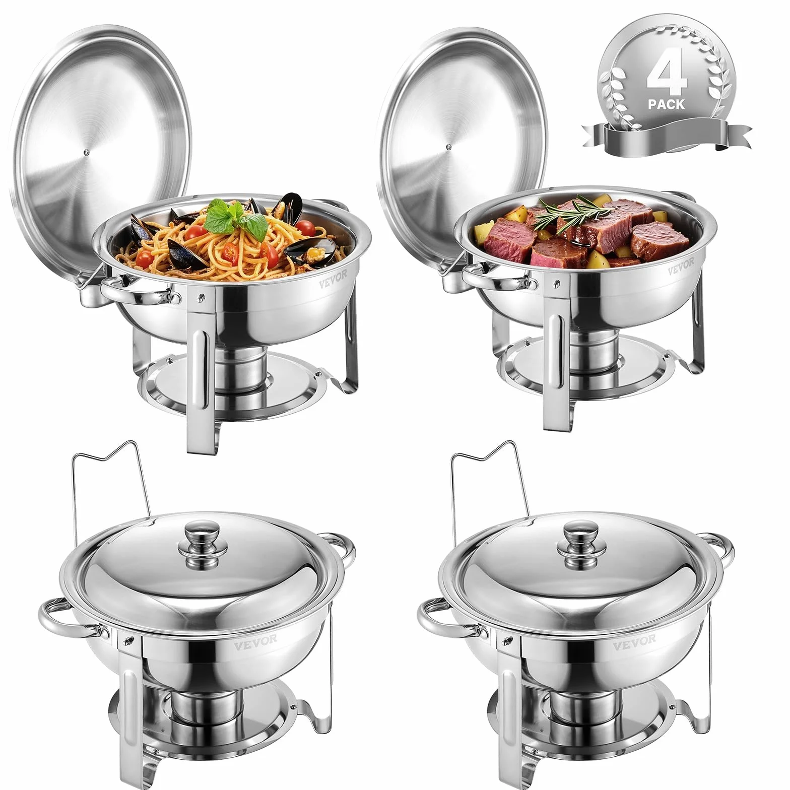 VEVOR Calentador de Alimentos para Bufé con 4 Recipientes de Tamaño Completo(4,7 L Cada Uno), Redondo, para Catering con Tapa, Bandeja de Agua y Soporte Plegable, para Bodas y Fiestas, Plata