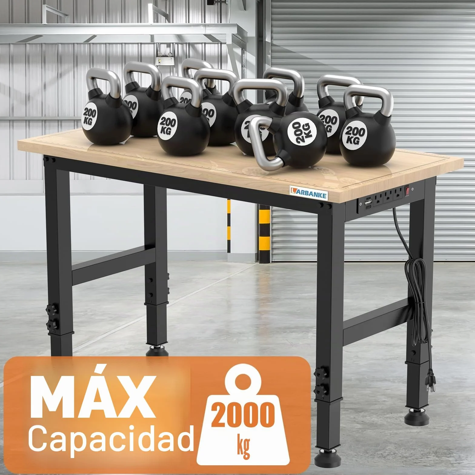 Banco de trabajo ajustable 120 cm 900 kg mesa de madera de caucho 5 alturas panel de alimentación