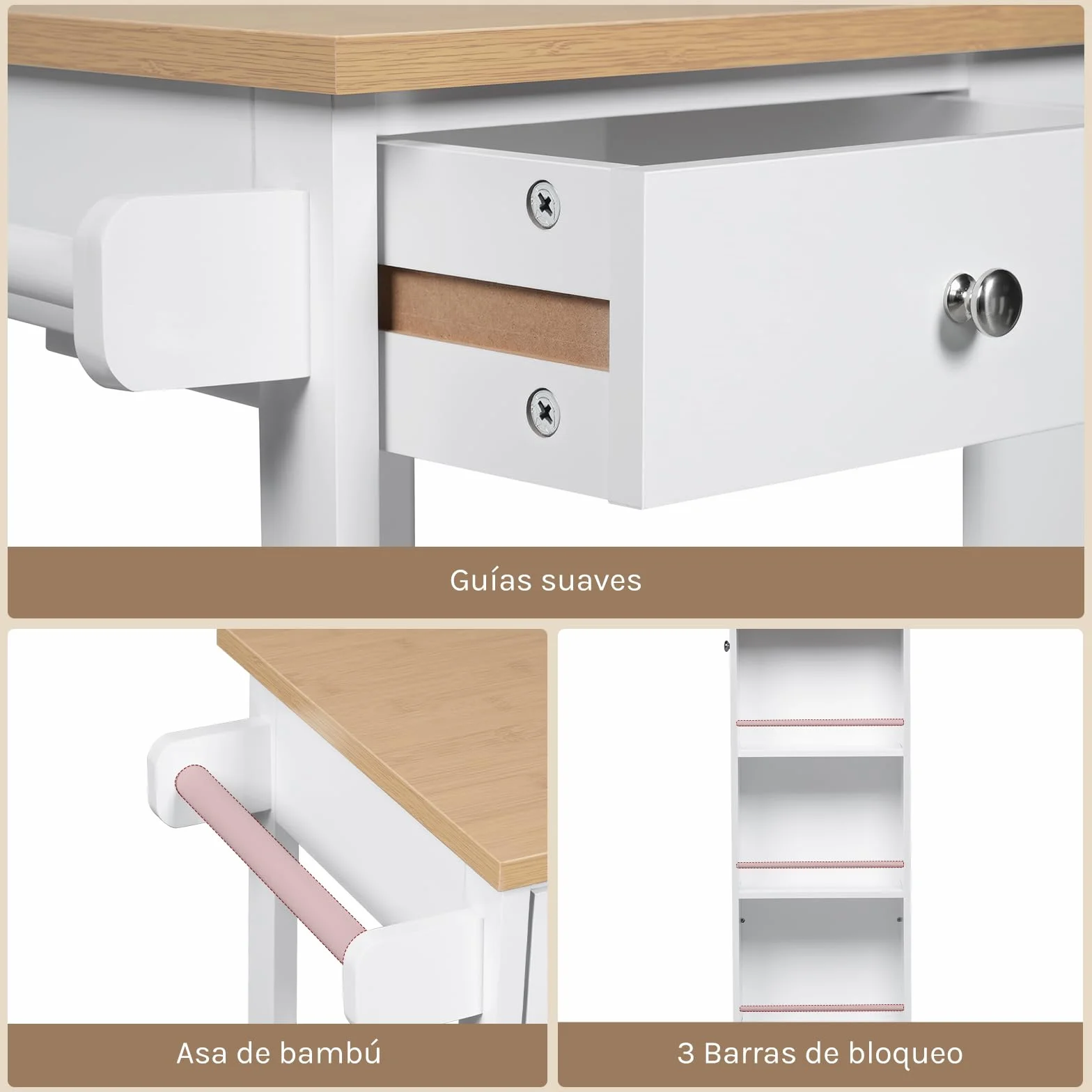 WOLTU Carrito Cocina con Ruedas, Carro Servicio con Cajón, Cesta, Estante Abierto, Botellero y Estantería Lateral en 3 Niveles, Isla de Cocina Multifuncional, MDF+Metal, Color Bambú + Blanco