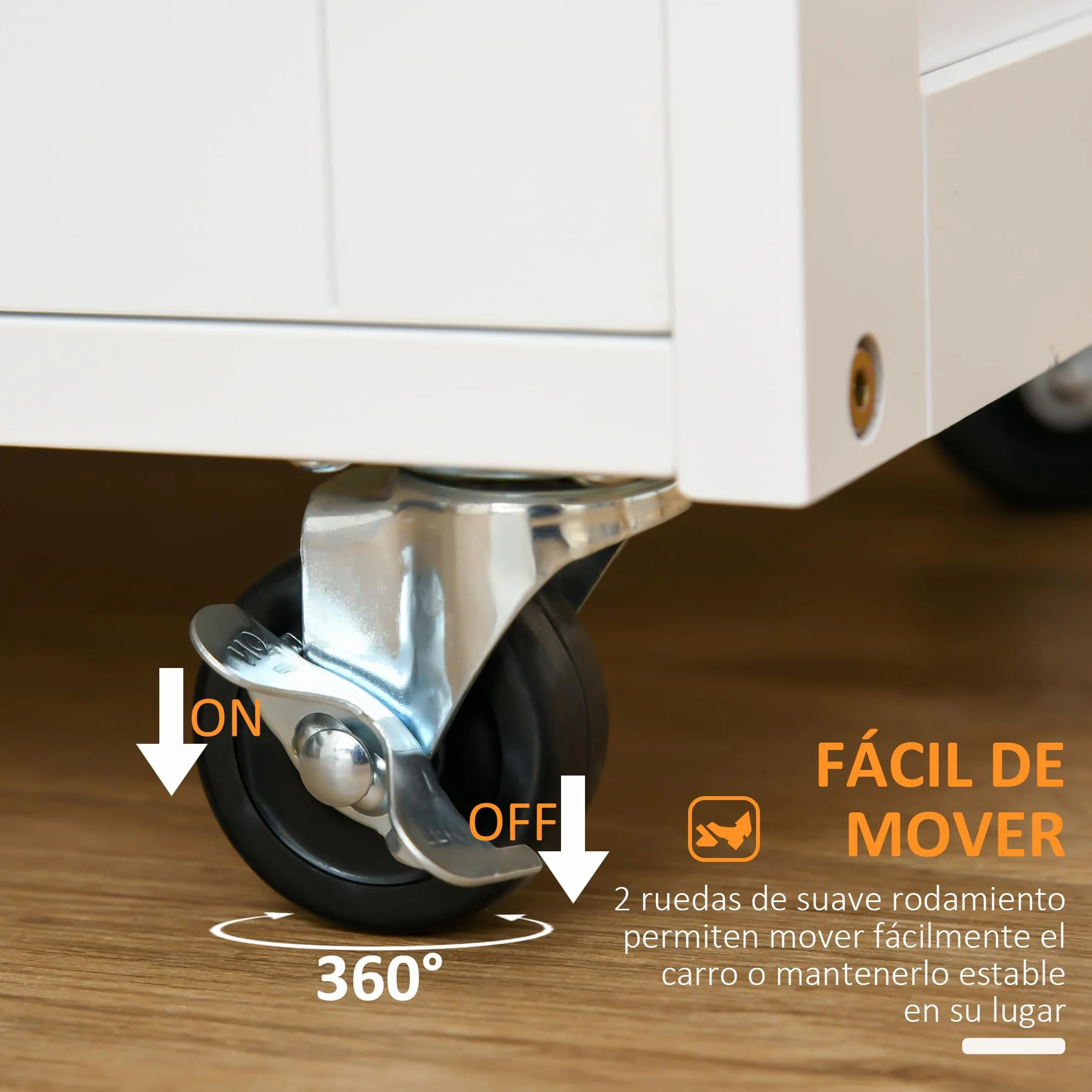HOMCOM Carro de Cocina Carrito Auxiliar con Ruedas Cajón 2 Armarios de Almacenaje y 3 Estantes Abiertos de 9 Botellas para Comedor Restaurante 67x37x87 cm Blanco