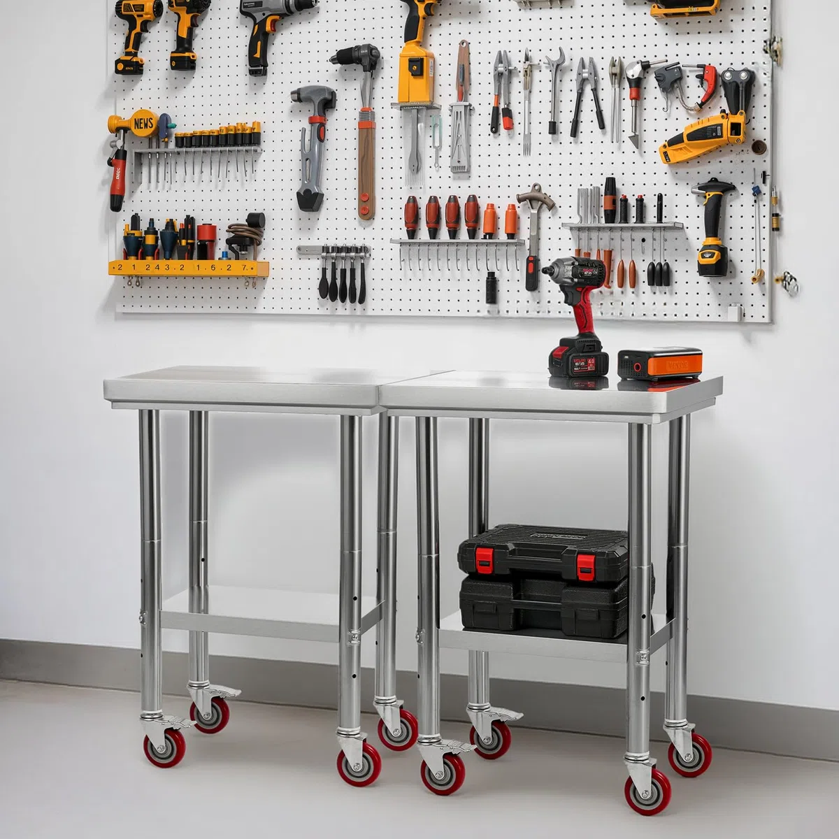VEVOR Mesa de Trabajo de Acero Inoxidable, Mesa de Preparación con 4 Ruedas, Estantería de Trabajo de Preparación de Alimentos con Estantes Ajustables para Cocina, Garaje, Taller, 61 x 45 x 86 cm