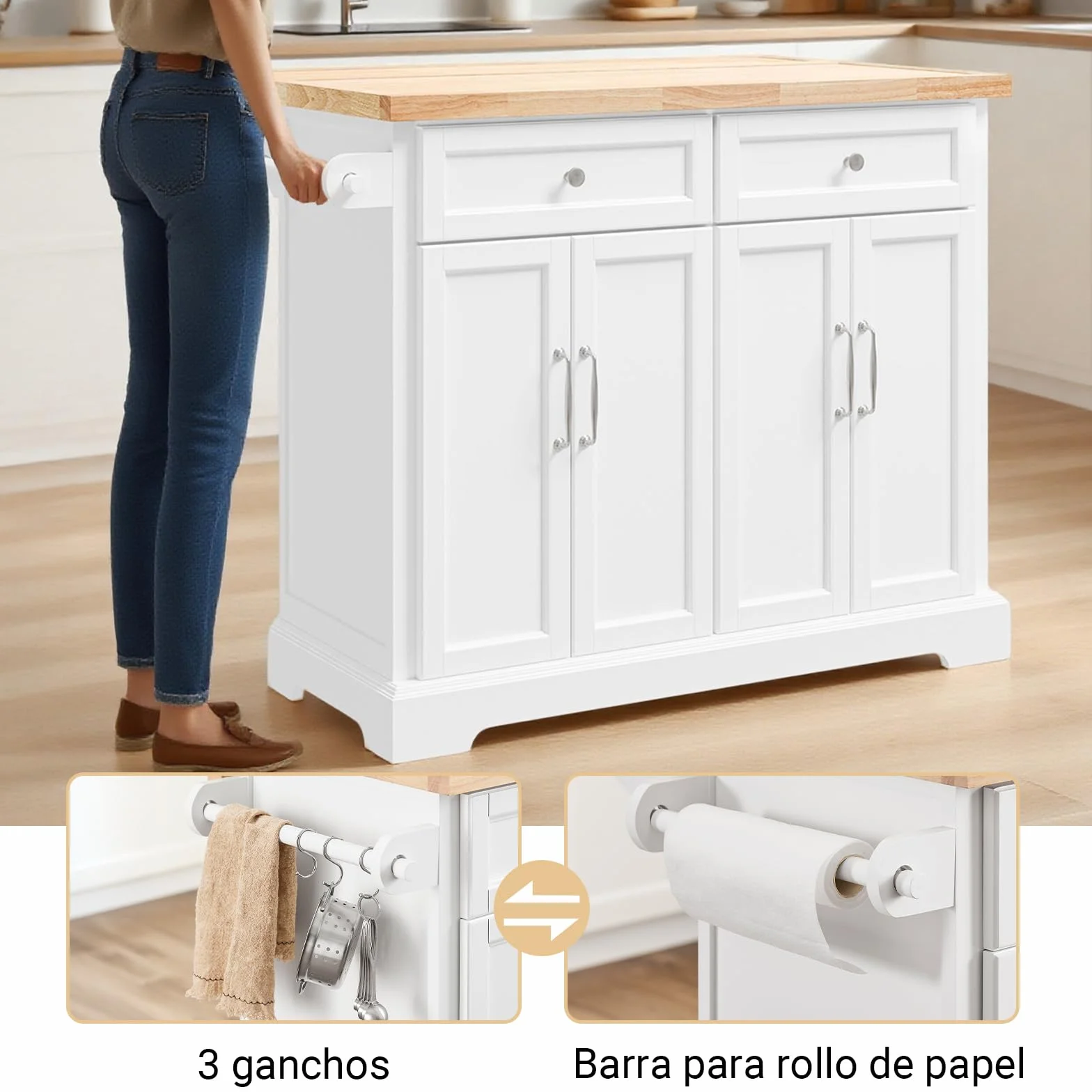 SoBuy Isla Cocina con Ruedas Carrito de Cocina con encimera Extensible Isla de Cocina móvil con Mesa Auxiliar de Cocina con Ruedas Blanco 115x92x(46-71) cm FKW71-III-WN