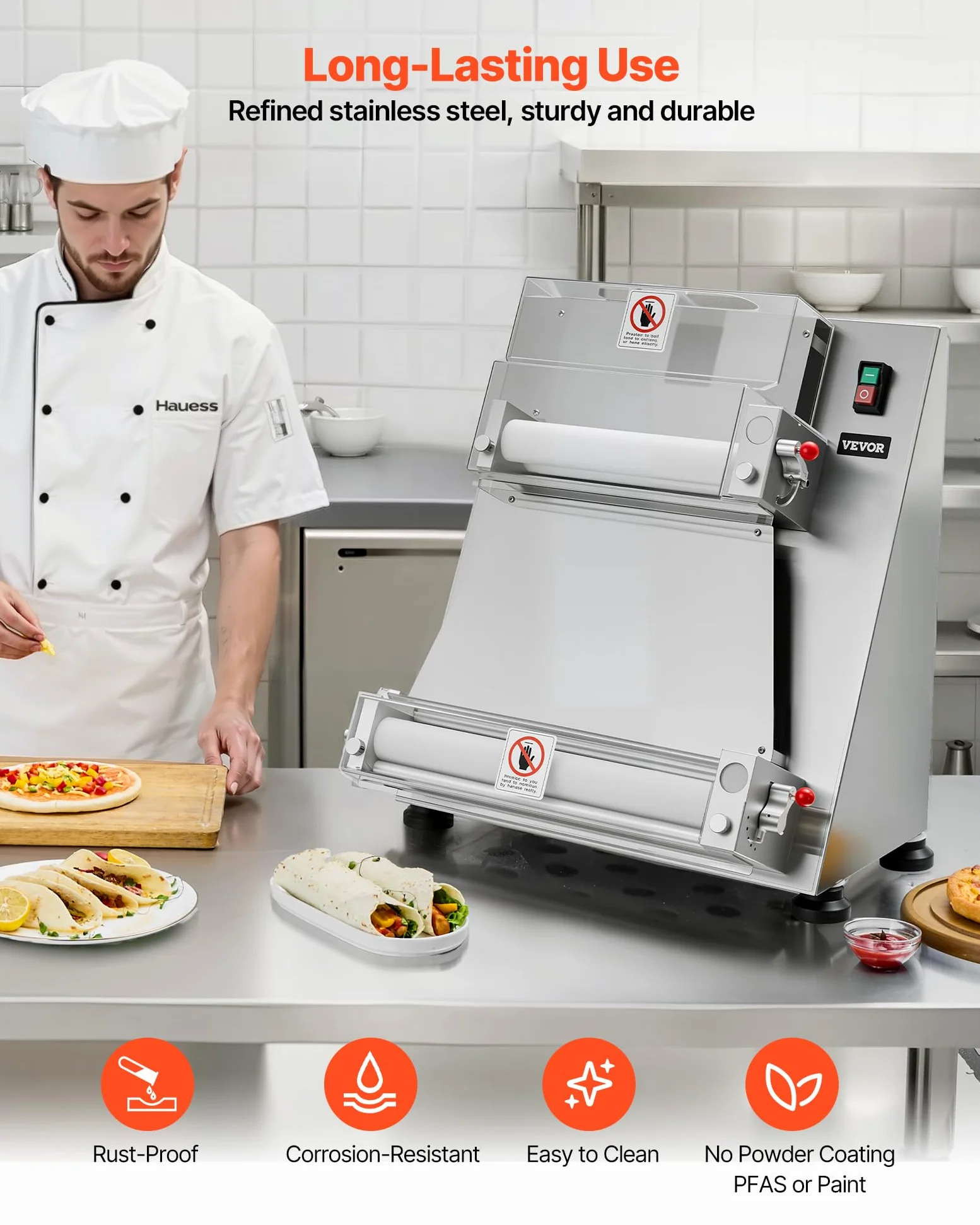 VEVOR Rodillo Laminador de Masa para Pizza, Prensa Semiautomática de Acero Inoxidable 7,6 a 40,6 cm, 390 W, 260 Piezas por Hora, Grosor Ajustable, con Tapa para Prensar Masa, 530 x 520 x 640 mm