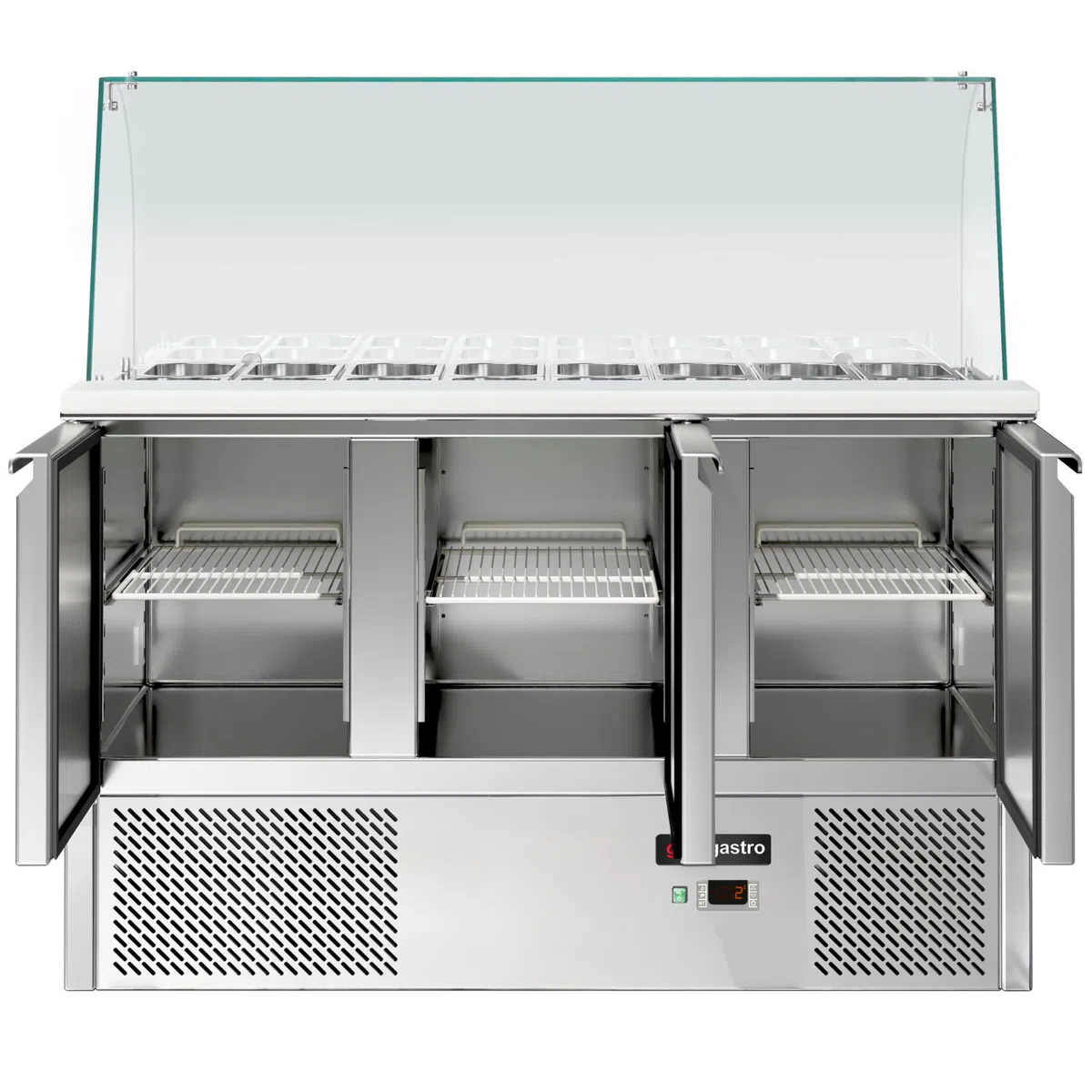 GGM Gastro Saladette ECO - 3 Puertas - 260 Litros - Parte Superior de Vidrio Alto - 4x GN 1/1 - Acero Inoxidable - Aislamiento de Poliuretano de 4 cm - Termostato - SAG147DRG#GSG147#07