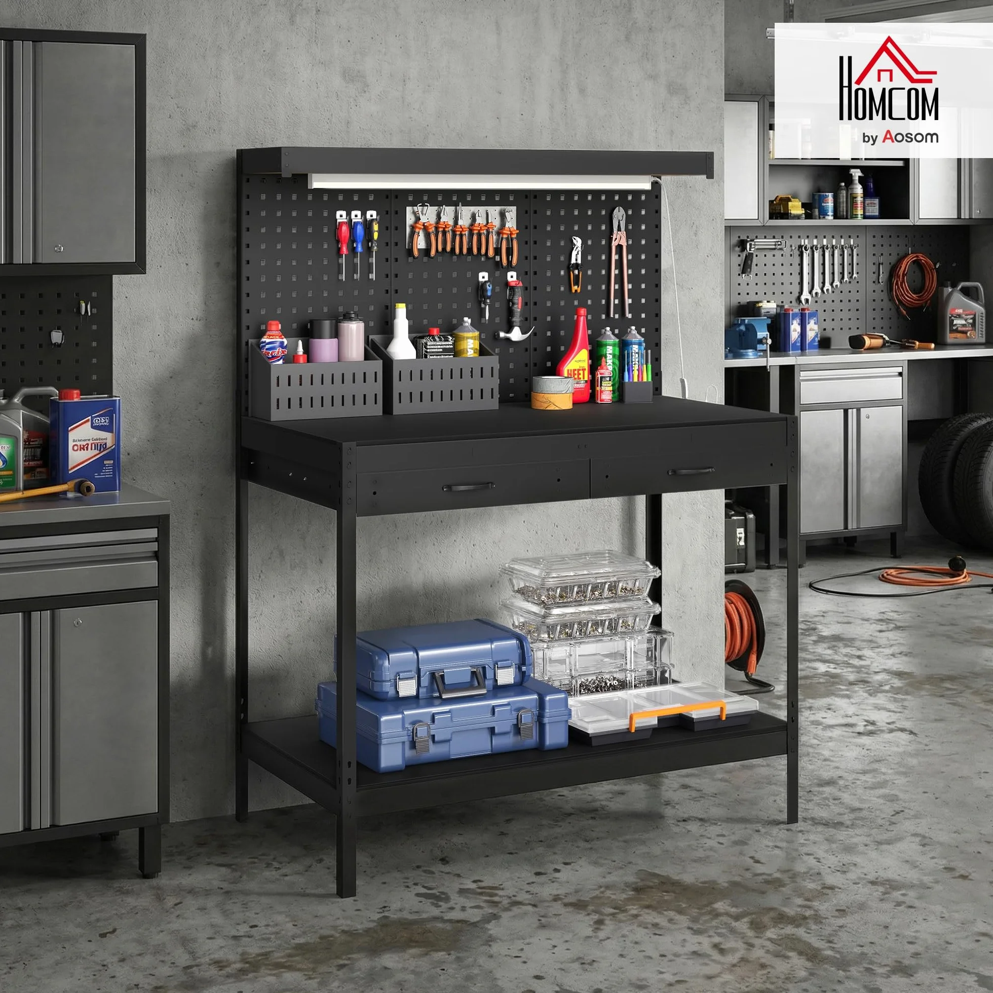 HOMCOM Banco de Trabajo, Carga 272 kg, 110x60x150 cm, Mesa de Trabajo con Tableros Perforados Metálicos, Toma de Corriente, Luces LED, 2 Cajones y Estantes, para Garaje y Taller, Negro